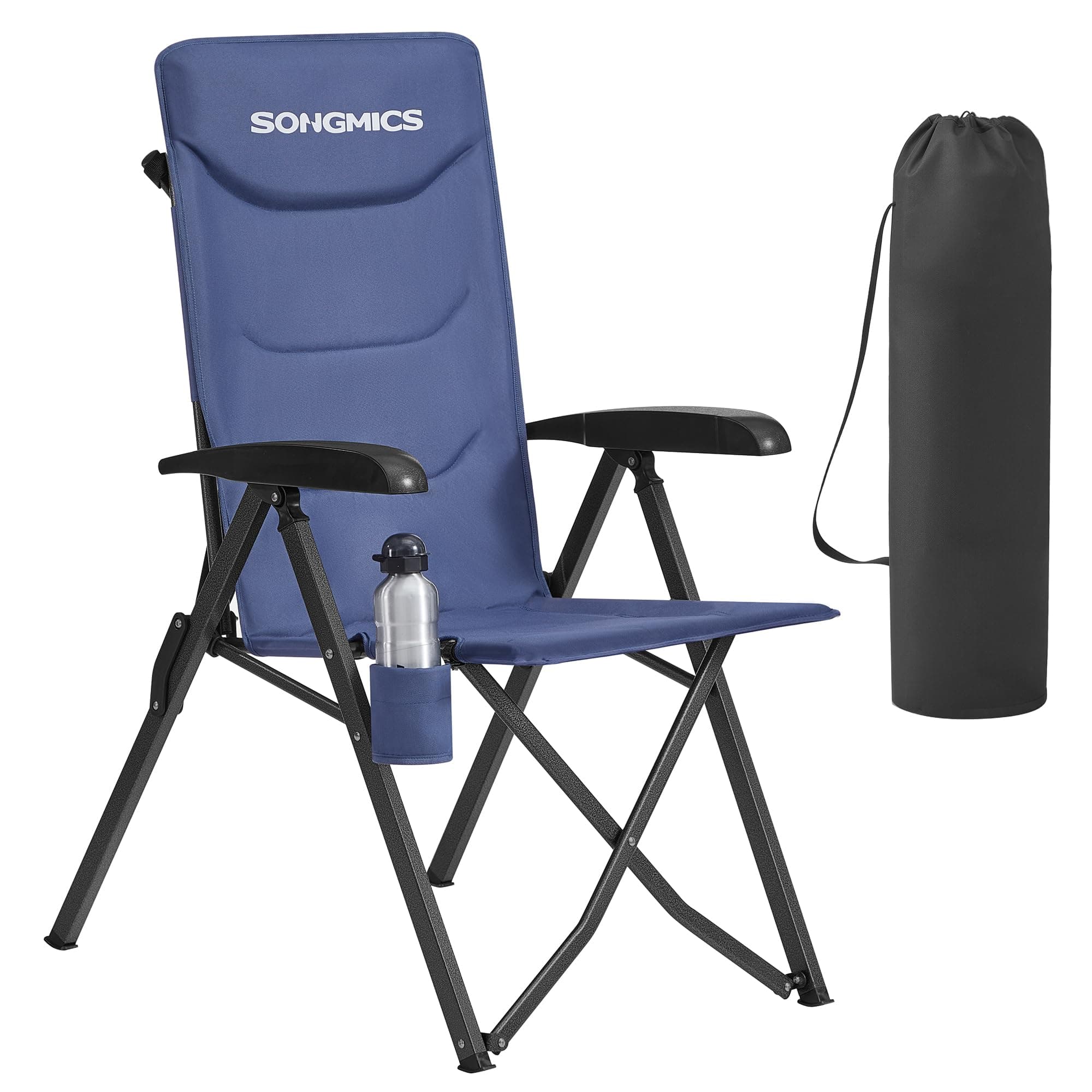 SONGMICS Chaise Pliante Camping, Dossier Inclinable 95°–150°, Fauteuil Camping, Dossier Haut Réglable, Porte‑Gobelet Pivotant, Sac de Transport avec Sangle, pour Jardin, Pêche, Bleu GCB015QZ01