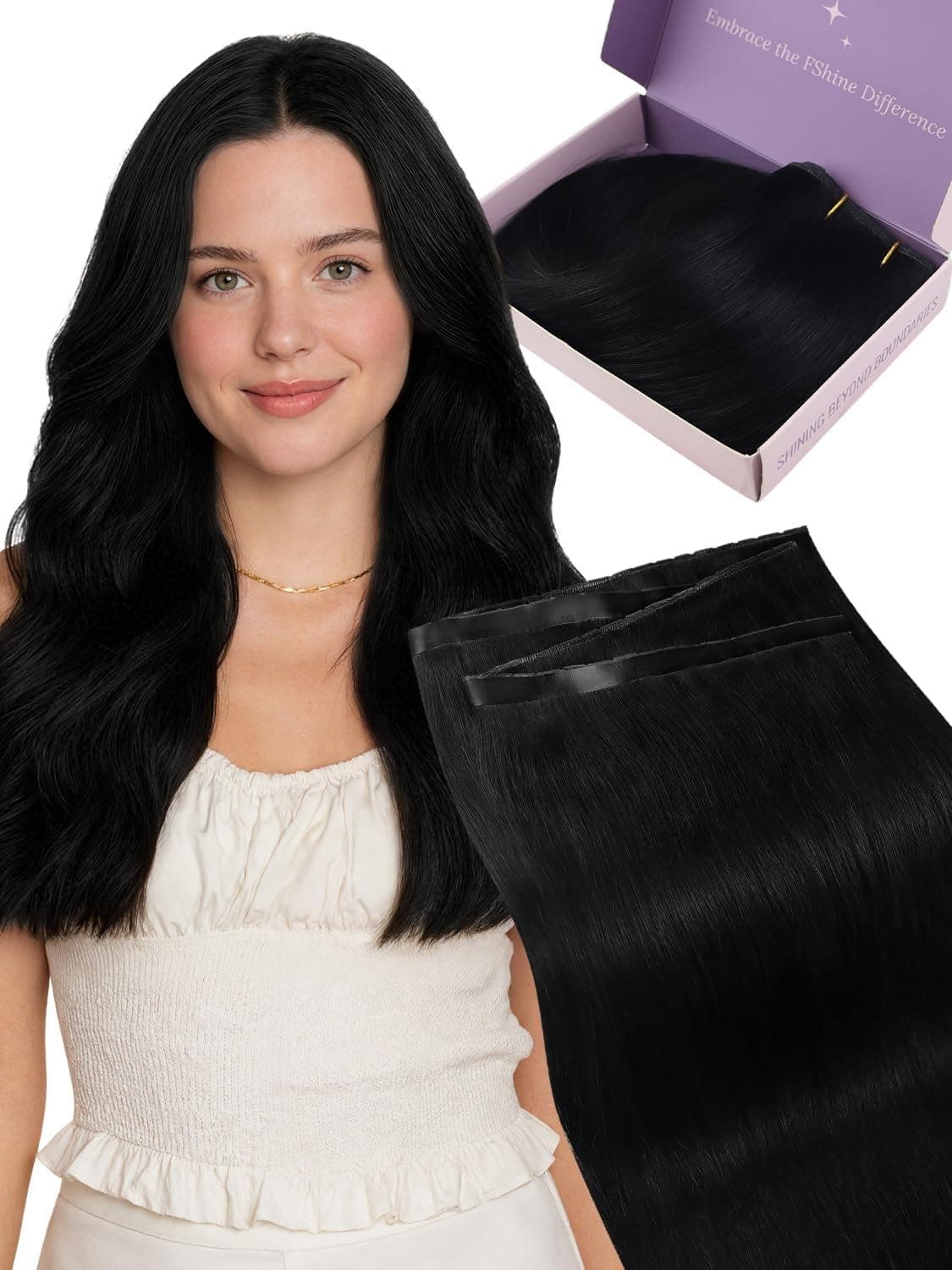 Fshine Extension Capelli Veri Tessitura 55 cm 100 g Extension Tessitura Capelli Veri Farfalla PU Lisci Butterfly Weft Umani Nero Jet Double Weft Invisibile Micro Beads Matrimonio Colore 1