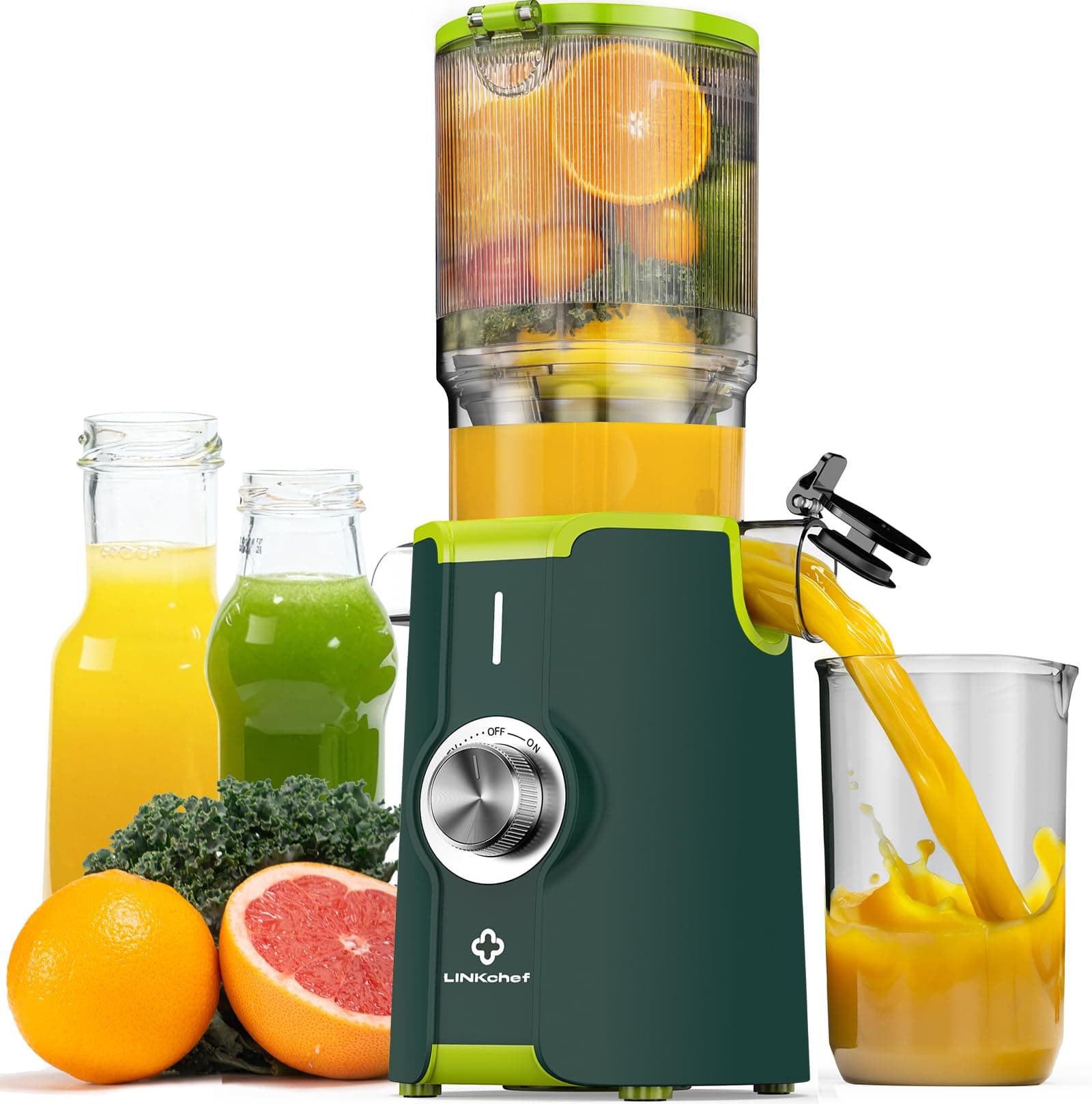Sans Préparation Extracteur de Jus Vertical, Nettoyage Rapide Extracteur de Jus Lent, 115mm Machine a Jus de Fruit Extracteur Entiers, Facile à installer, LINKChef 1.2L, 200w, Vert