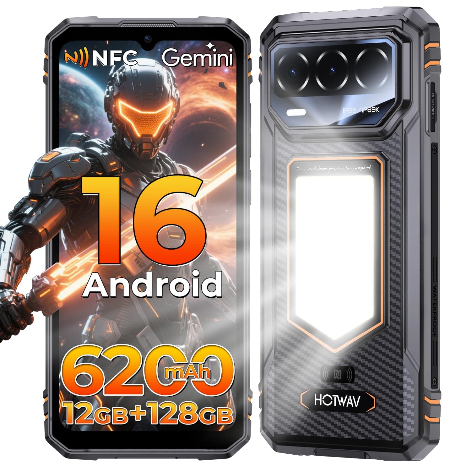 HOTWAV T8 Móvil Irrompible Android 16, 12GB RAM + 128GB ROM, | Smartphone Rugerizado 6200mAh 20W, Pantalla 6,75" 120Hz, IP68/IP69K, Luz Camping 270LM, NFC, GPS, Dual SIM 4G