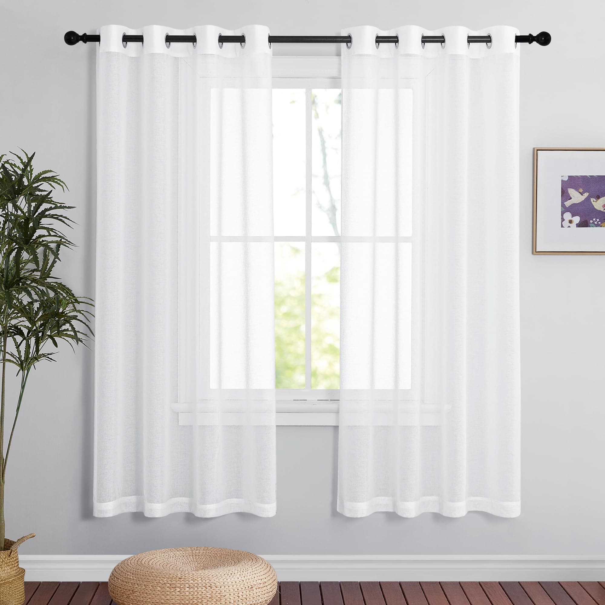 PONY DANCE Rideaux Blanc - Voilage Décoration Maison Chambre Voile en Lin Naturel Effet Lumineux Filtrer de Fenêtre avec Oeillets Ambiance Romantique, L 140 x H 175 cm, 2 PCs