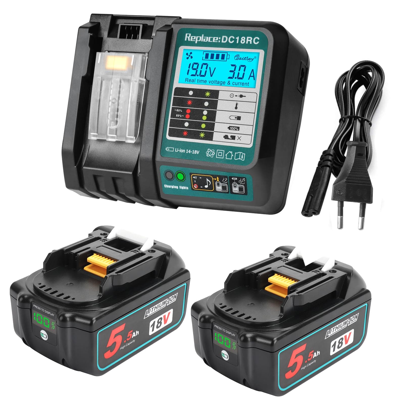 Powarobor 2x18V 5,5Ah Batteria+Caricatore DC18RC per Makita LXT Utensili | Li-ion,3A Caricatore con indicatore LED,100-260V,50-60Hz per 14.4V-18V Batterie BL1830 BL1850 BL1860