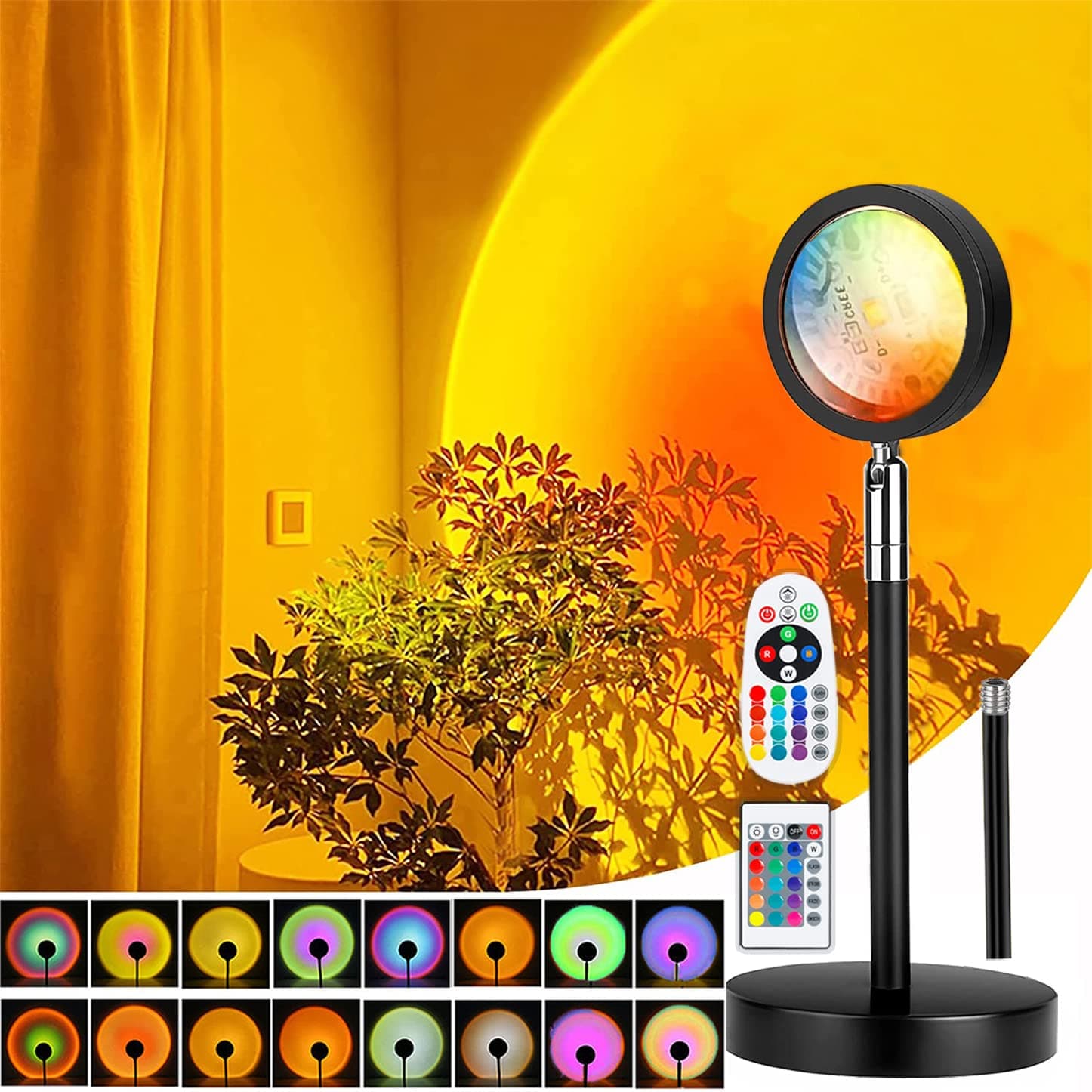 Lampe Coucher de Soleil, Sunset Lamp avec USB, Lumière Arc-en-Ciel Veilleuse LED Réglable en Hauteur 24 Couleurs 4 Modes dynamiques Deux Télécommandes Rotation 180°, Selfie/Photographie/Fête