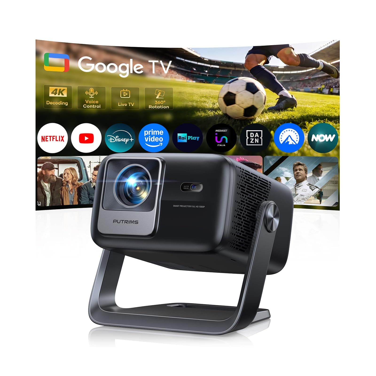 Proiettore 4K【Google TV, 1200 ANSI, 360° Rotazione, 30W HiFi】Videoproiettore HDR10 Auto Focus e 6D Keystone, WiFi Bluetooth, Proiettore Portatile Controllo Vocale, Projector Soffitto e Home Cinema