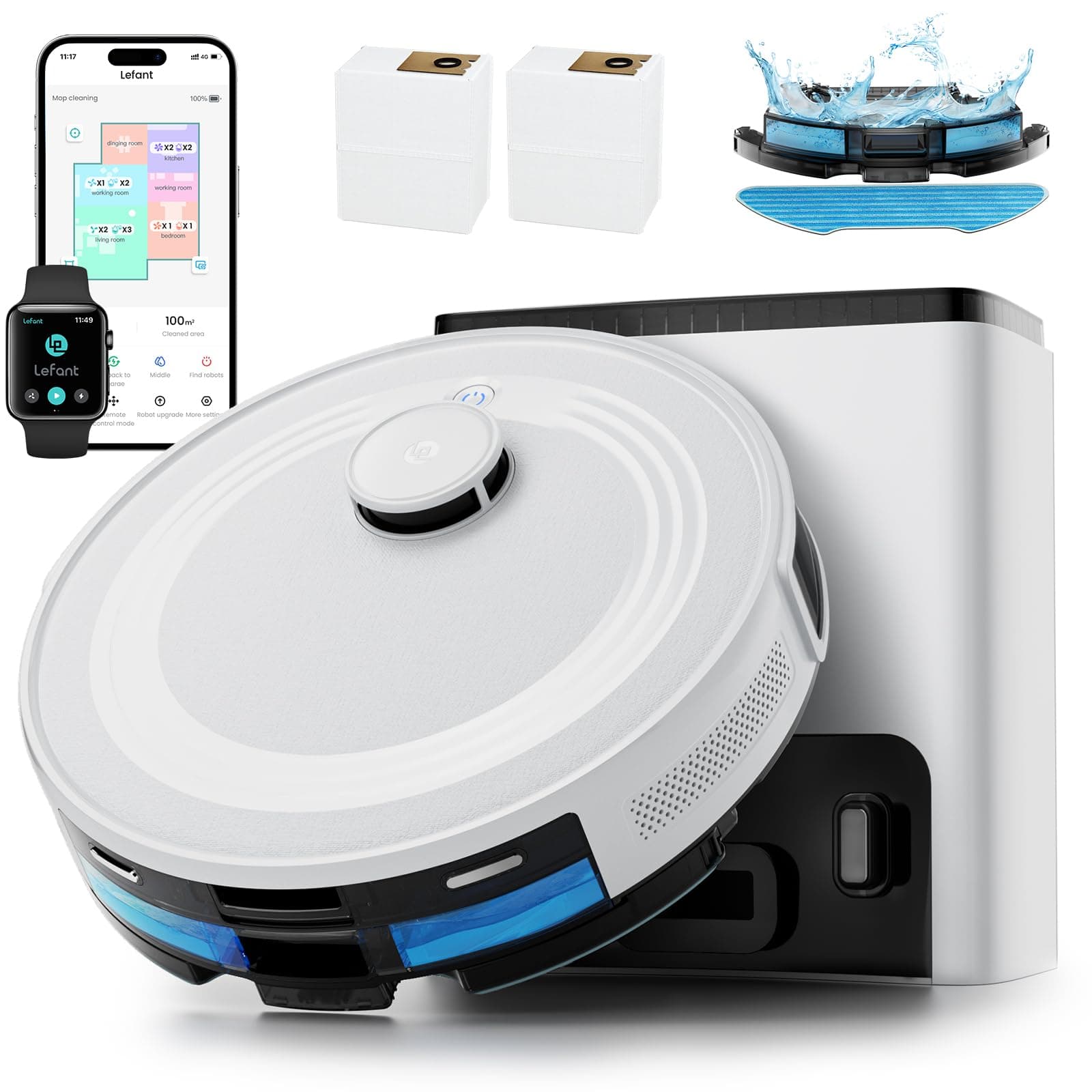 Lefant M2 Plus Robot Aspirapolvere Lavapavimenti con Mappatura Laser, 6000Pa, Navigazione dToF + Sensori PSD, Stazione di Raccolta Automatica 2,5L, Pulizia Personalizzata, WiFi App Alexa, Bianco