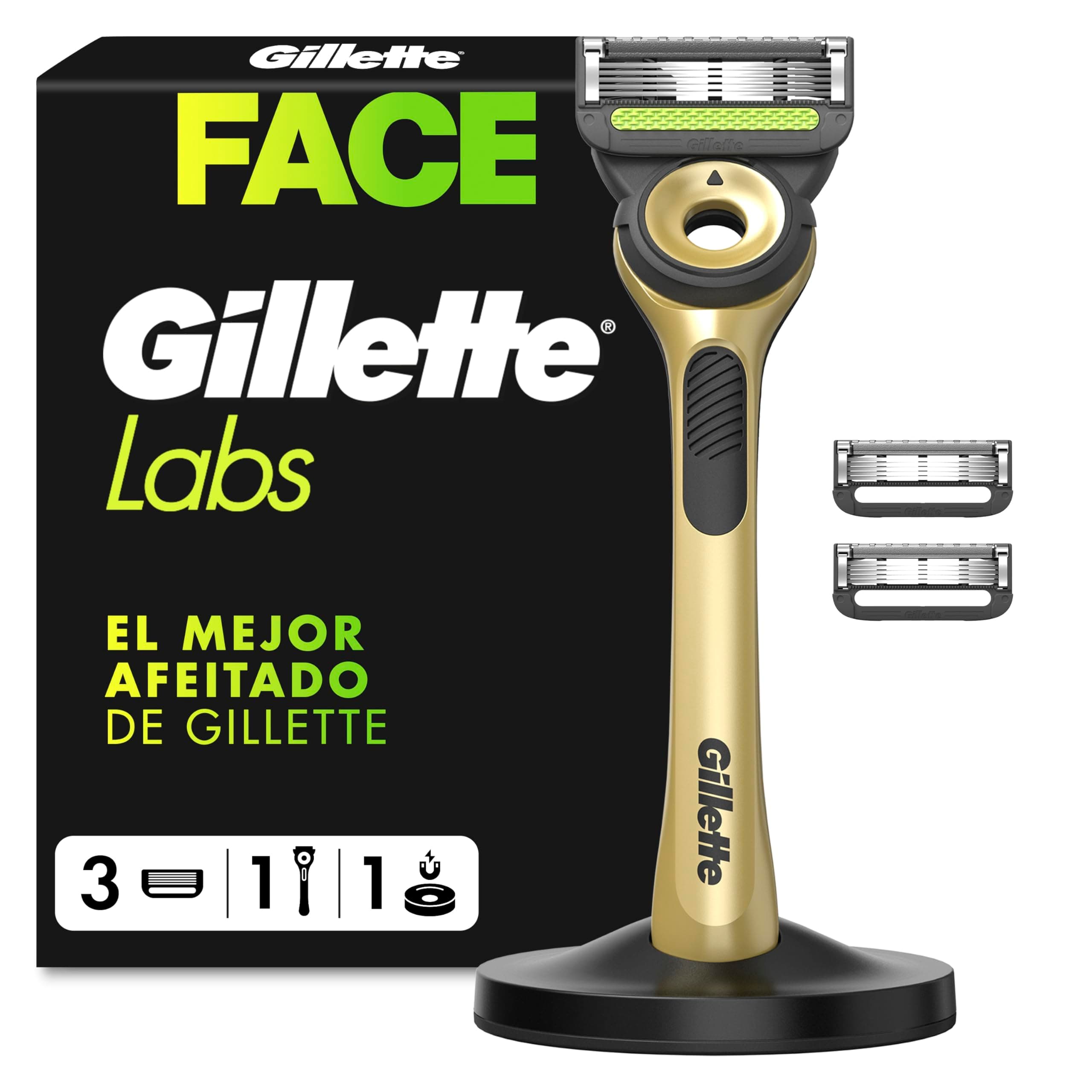 GilletteLabs Maquinilla de Afeitar Champion Gold Edition con Recambios, 1 Mango de Metal con Barra Exfoliante Integrada, 3 Cuchillas con Banda Lubricante, 1 Soporte Magnético