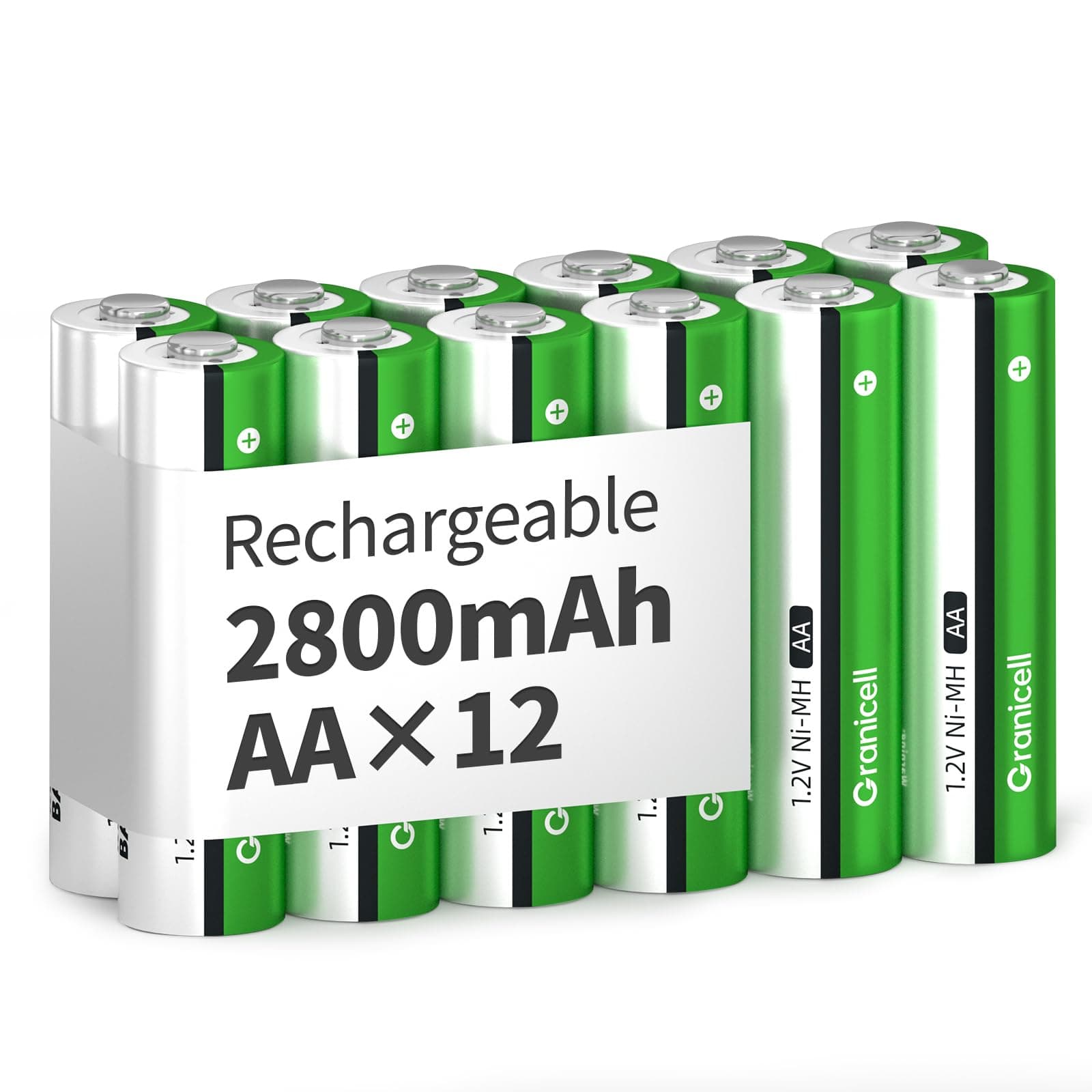 Granicell Lot de 12 piles rechargeables AA - 2800 mAh - Haute capacité - 1500 cycles - 1,2 V NiMH - Piles rechargeables AA