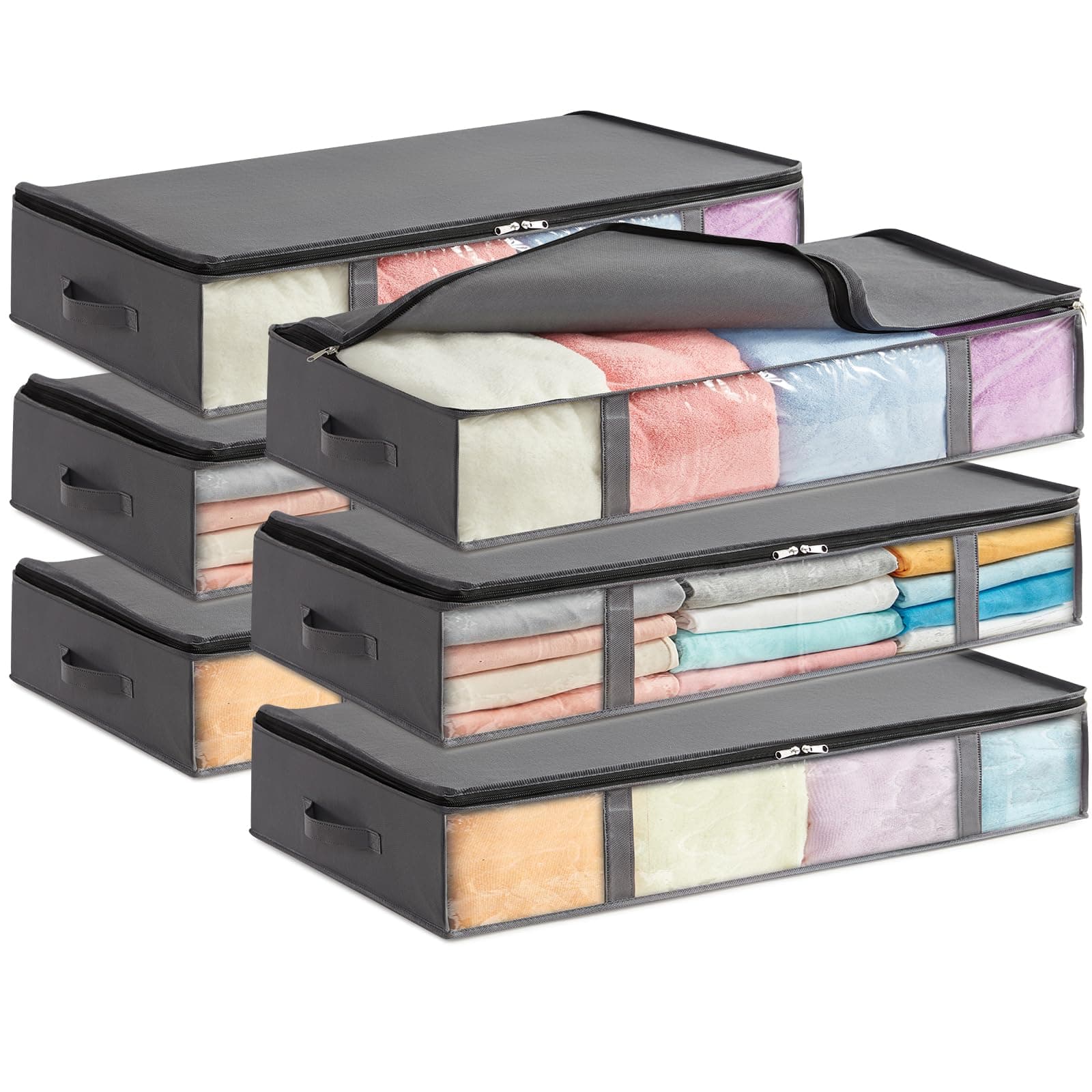 Lifewit Contenitori Sottoletto, Scatole Vestiti con Finestra Frontale Trasparente, Organizer per Armadi e Contenitori per Asciugamani, Vestiti, Coperte, Grigio, 75 L, 6 Pezzi