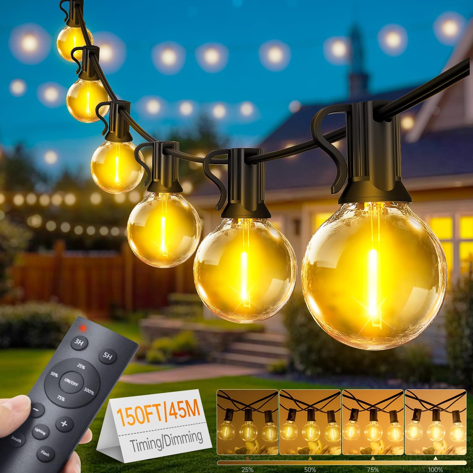 FGRYB Luces Terraza Exterior Remoto Regulable, Guirnalda Luces Exterior 45 Metros, with G40 LED Bombillas for Jardin Balcon Garden Boda Fiesta