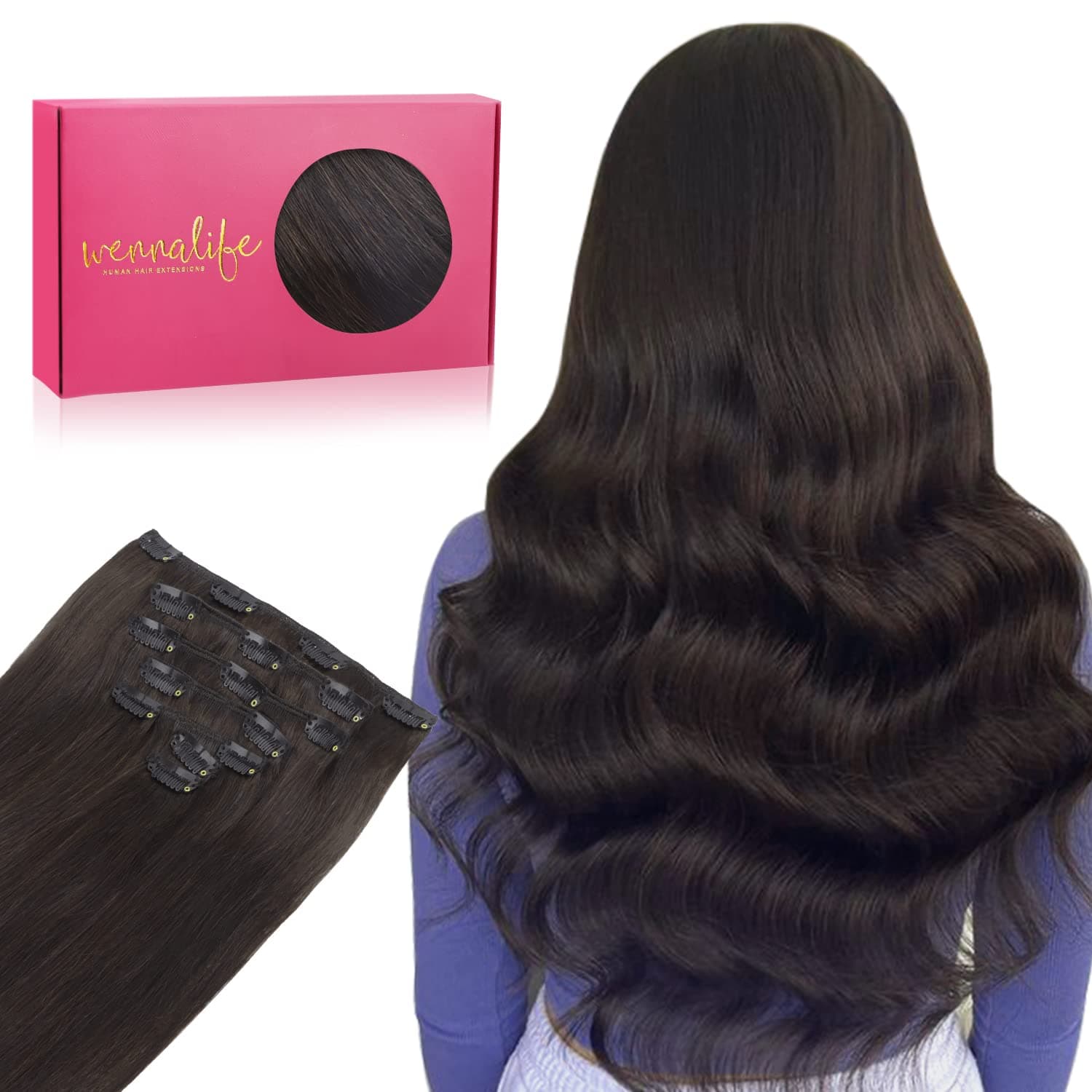WENNALIFE, Extension a clip di capelli veri, remy, vergini, doppia ciocca, 70 g, 45,7 cm, castano scuro, corti, da donna