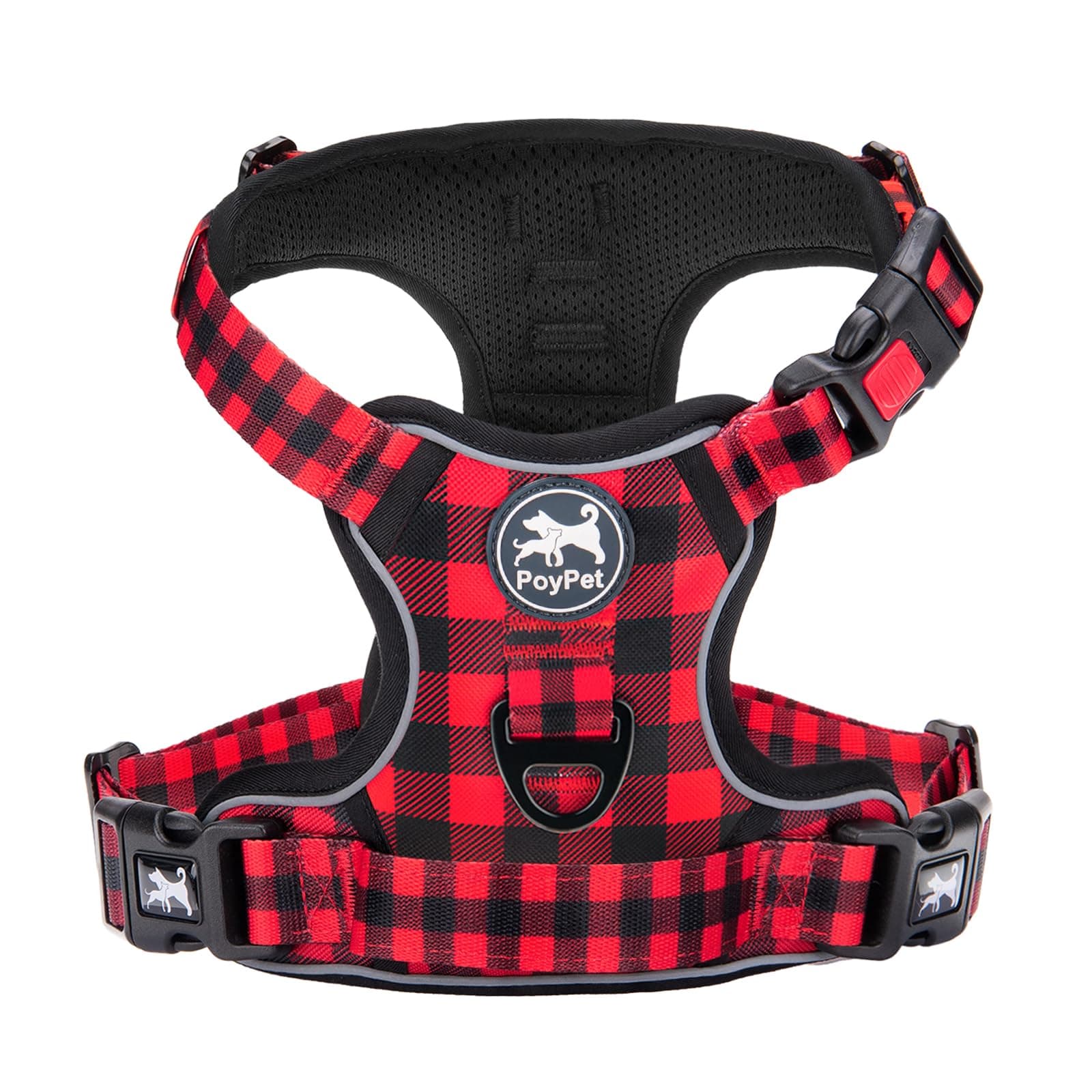 PoyPet Arnés para perros sin tirones, chaleco reflectante frontal para mascotas con control fácil, mango y parte trasera perfecta para el entrenamiento diario, paseos, carreras (rojo a cuadros, XS)