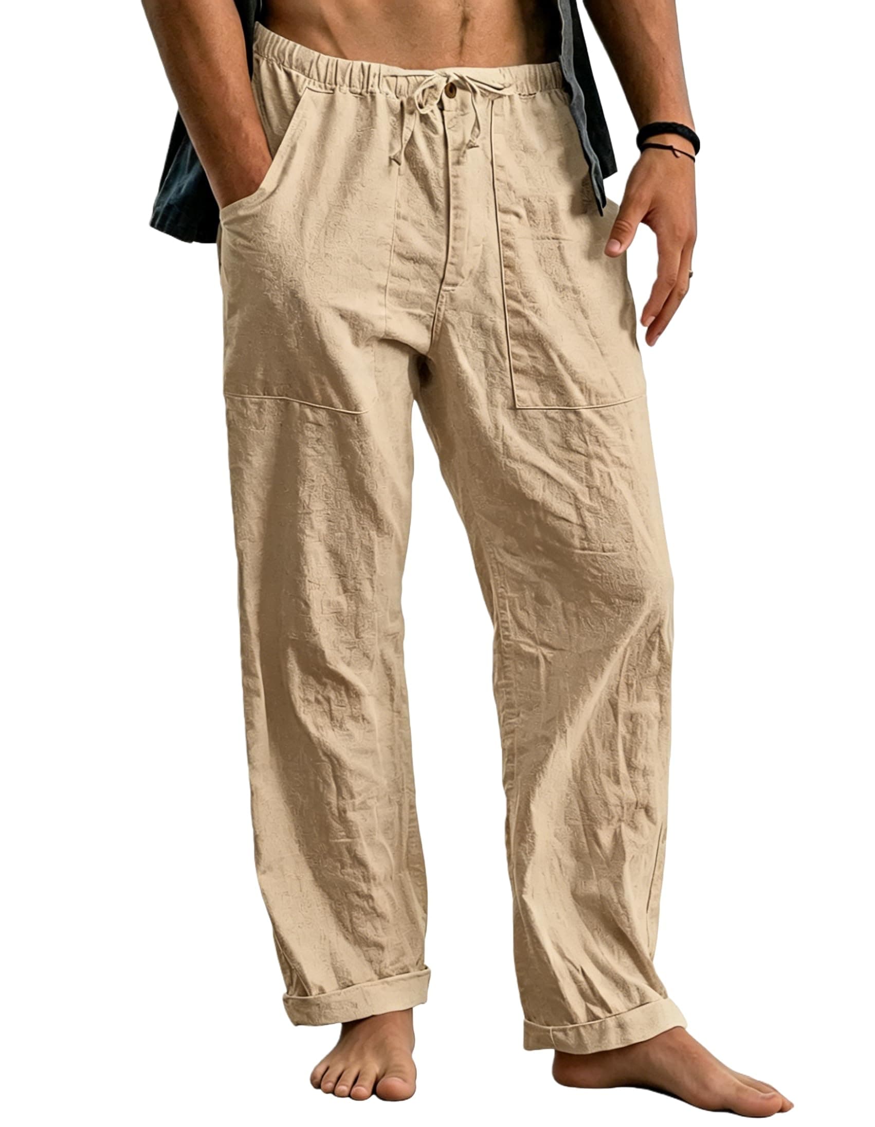 Cegerne Pantaloni in Lino Uomo Lunghi Leggeri, Pantaloni Estivi Casual con Vita Elastica e Coulisse, per Spiaggia Vacanze Medievale Vintage e Uso Quotidiano