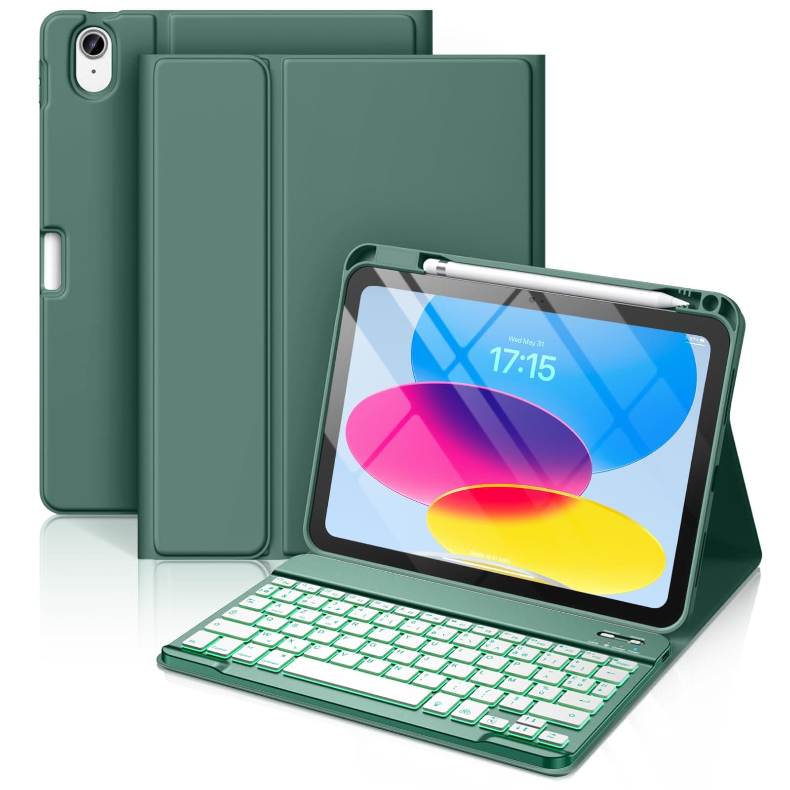 Vobafe Coque Clavier pour iPad A16 11/10 Ème Generation 2025/2022 11/10.9" | 7 Couleurs Rétroéclairées, Clavier Bluetooth Détachable, Coque avec Porte Crayon, AZERTY Layout Français, VertPin