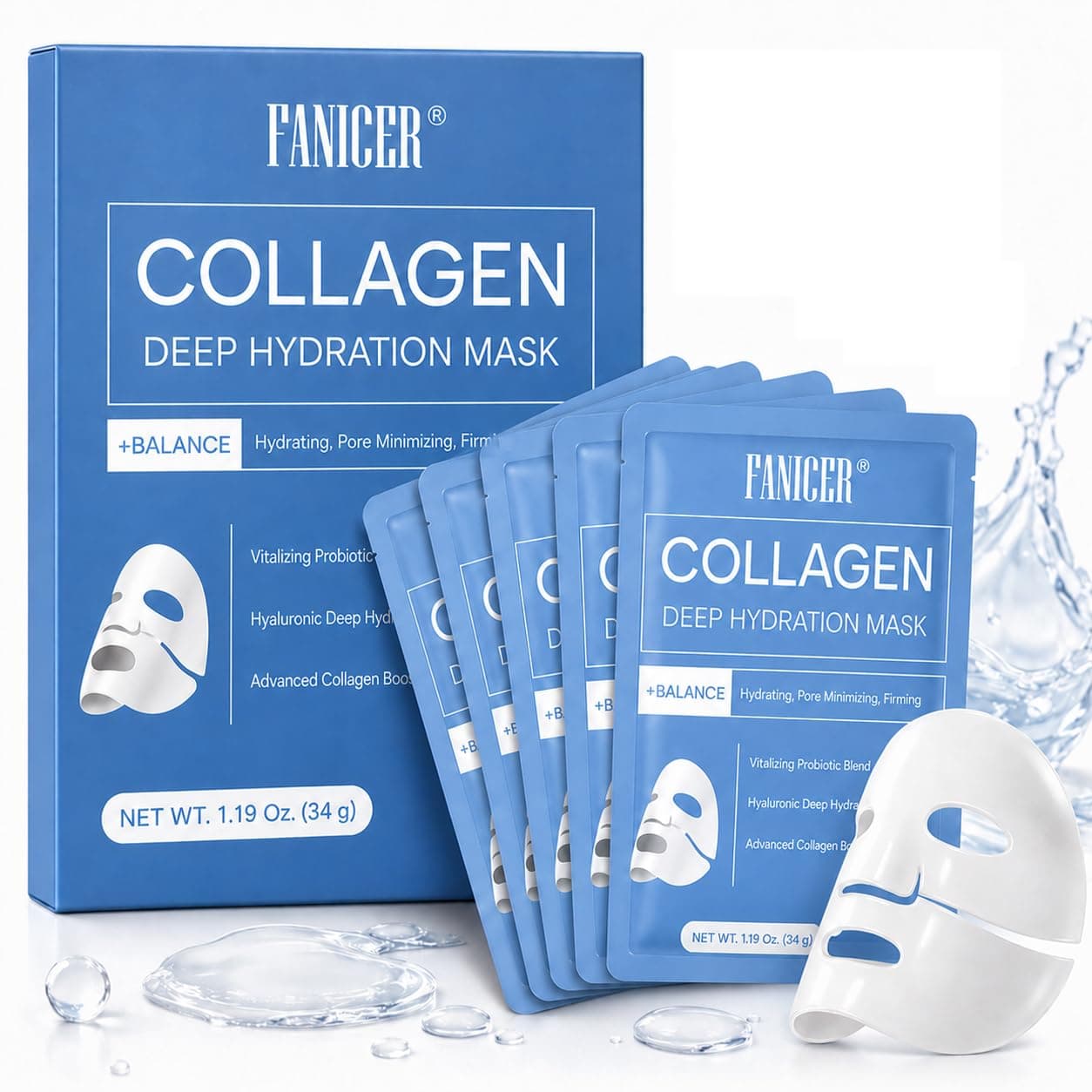 5 Pièces Masque au Collagène, Masque Collagene Hydratant et Raffermissant, Hydratant et Apaisant, Améliore l’Élasticité et l’Éclat de la Peau, Adapté à la Plupart des Types de Peau