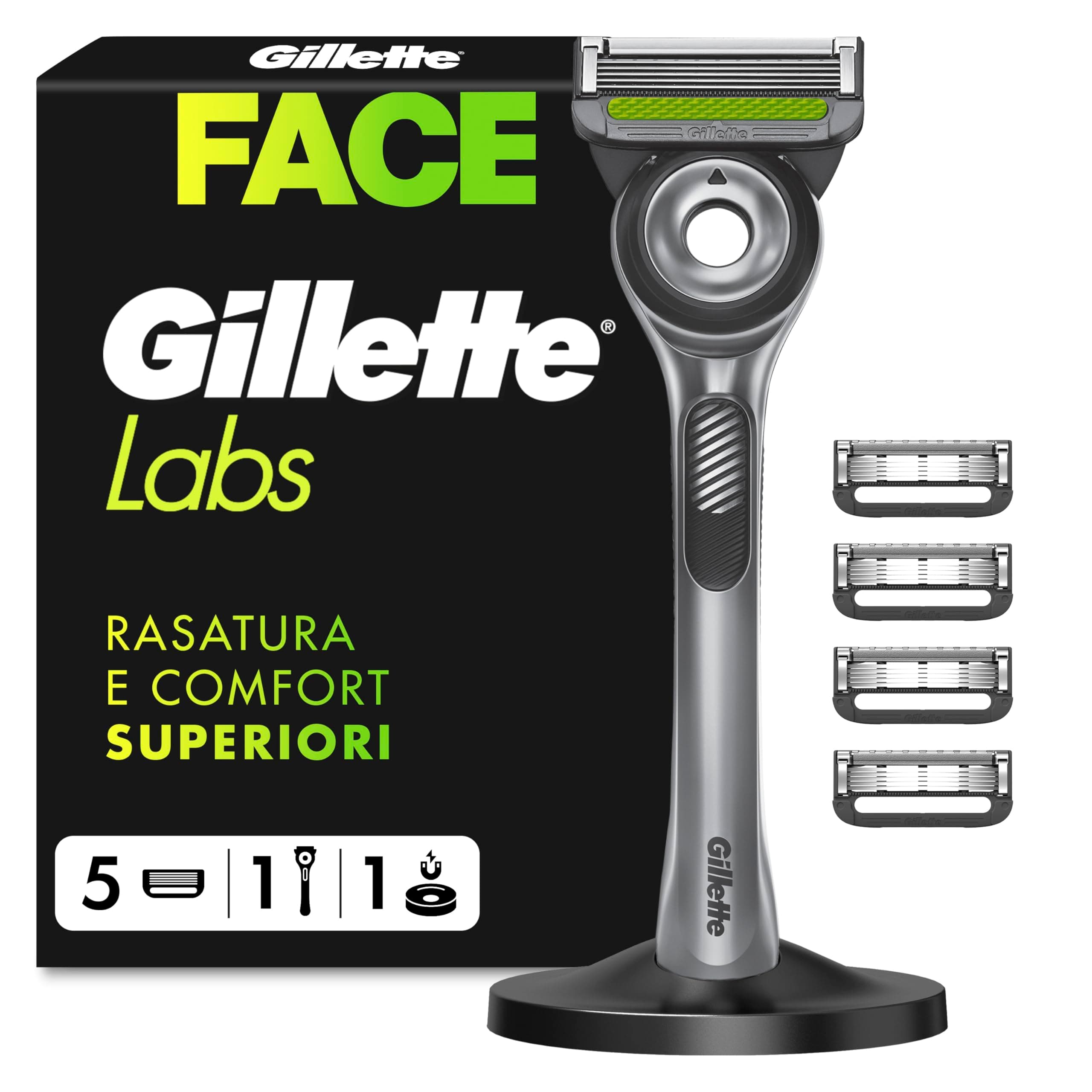 Gillette Labs Rasoio Barba Manuale con Barra Integrata, 1 Manico, 5 Lamette Gillette di Ricambio, con Base Magnetica, Grigio, Rasoio Barba e Lamette di Ricambio