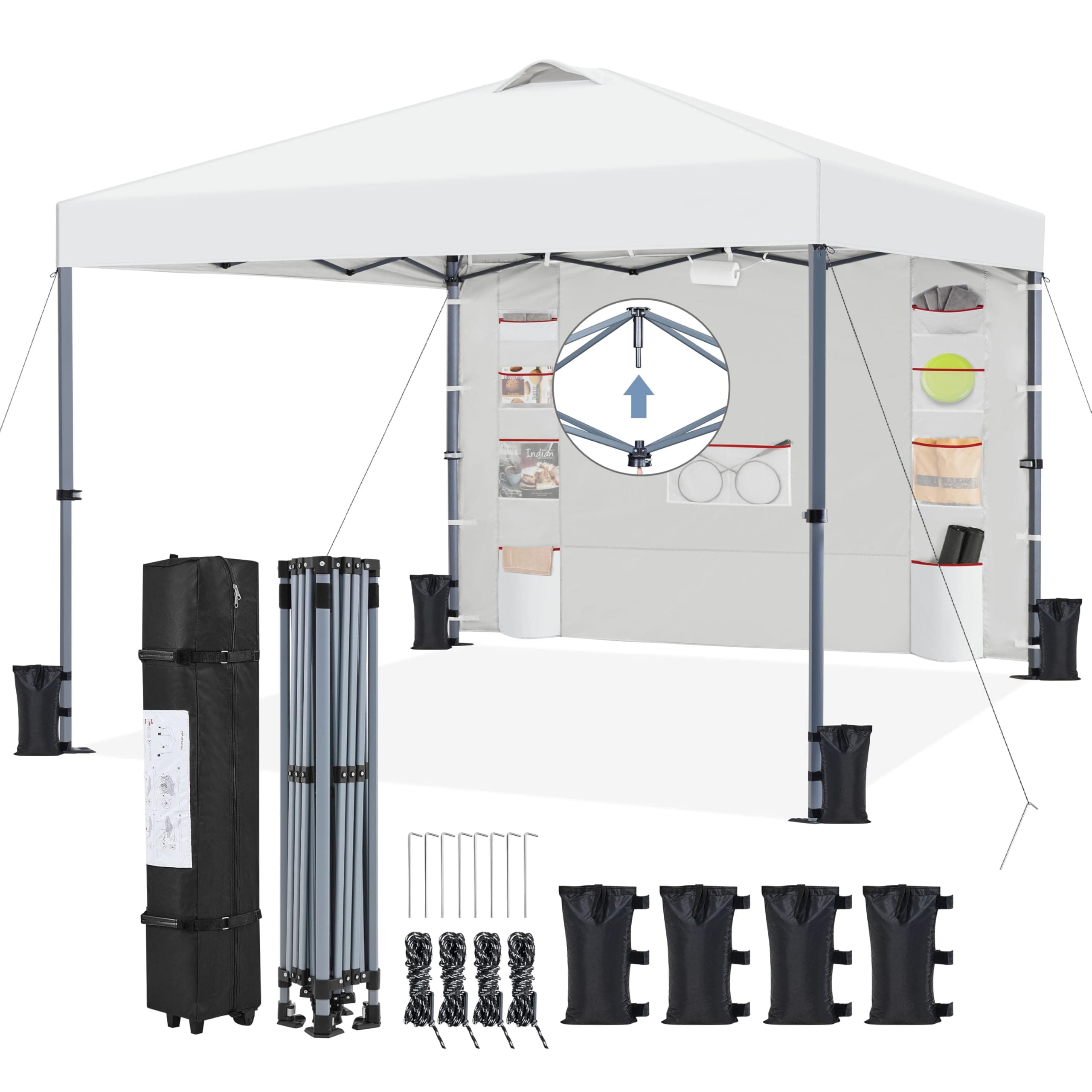 Yaheetech Gazebo da giardino a Una Spinta con 1 Parete Laterale Stabile 9 Tasche Portaoggetti Tenda Esterno Pop up Altezza Regolabile Impermeabile per Festa Eventi