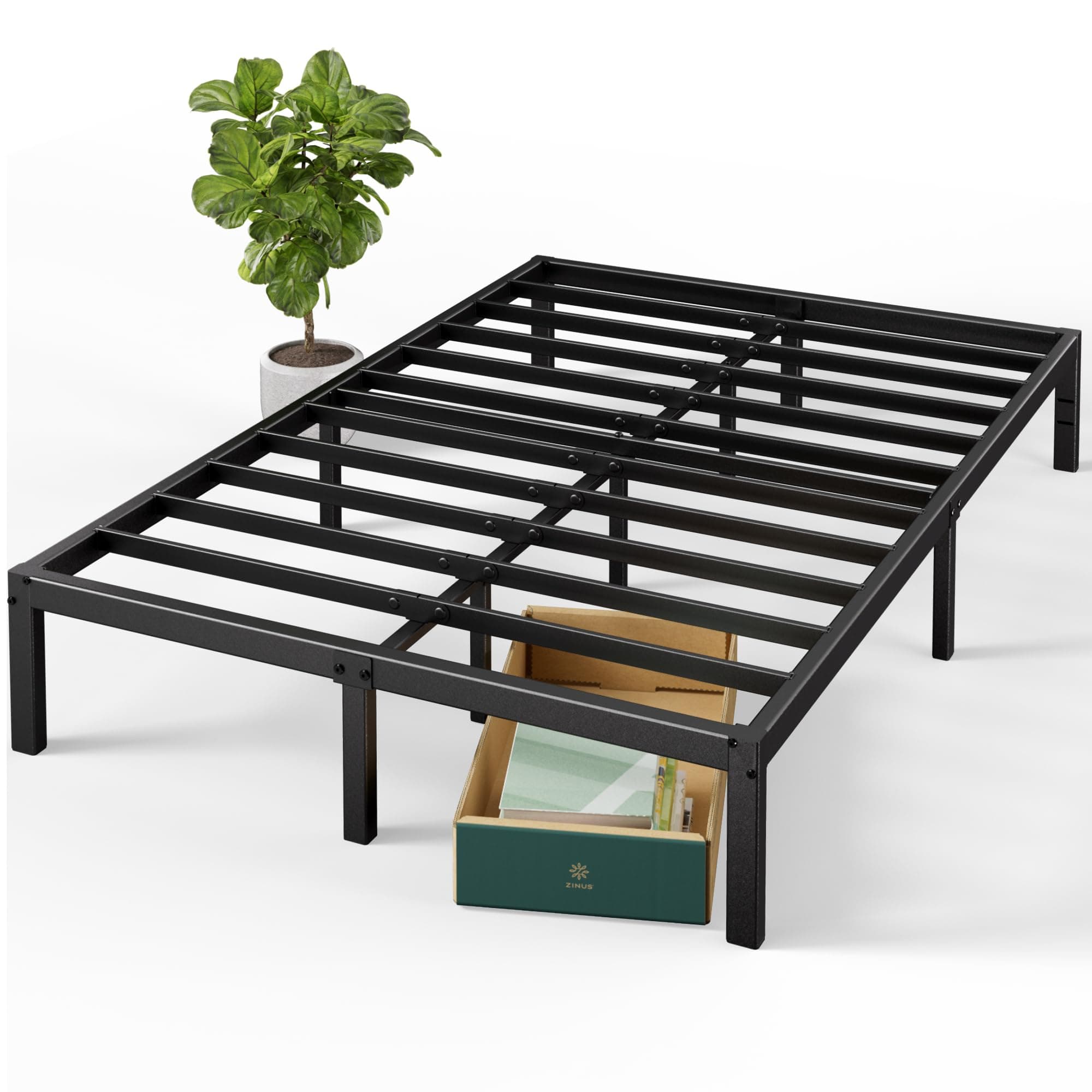 Zinus Elias Cama 150x190 cm - Altura 36 cm con Almacenamiento Debajo de la Cama - Marco de la Cama de Plataforma de Metal - Negro