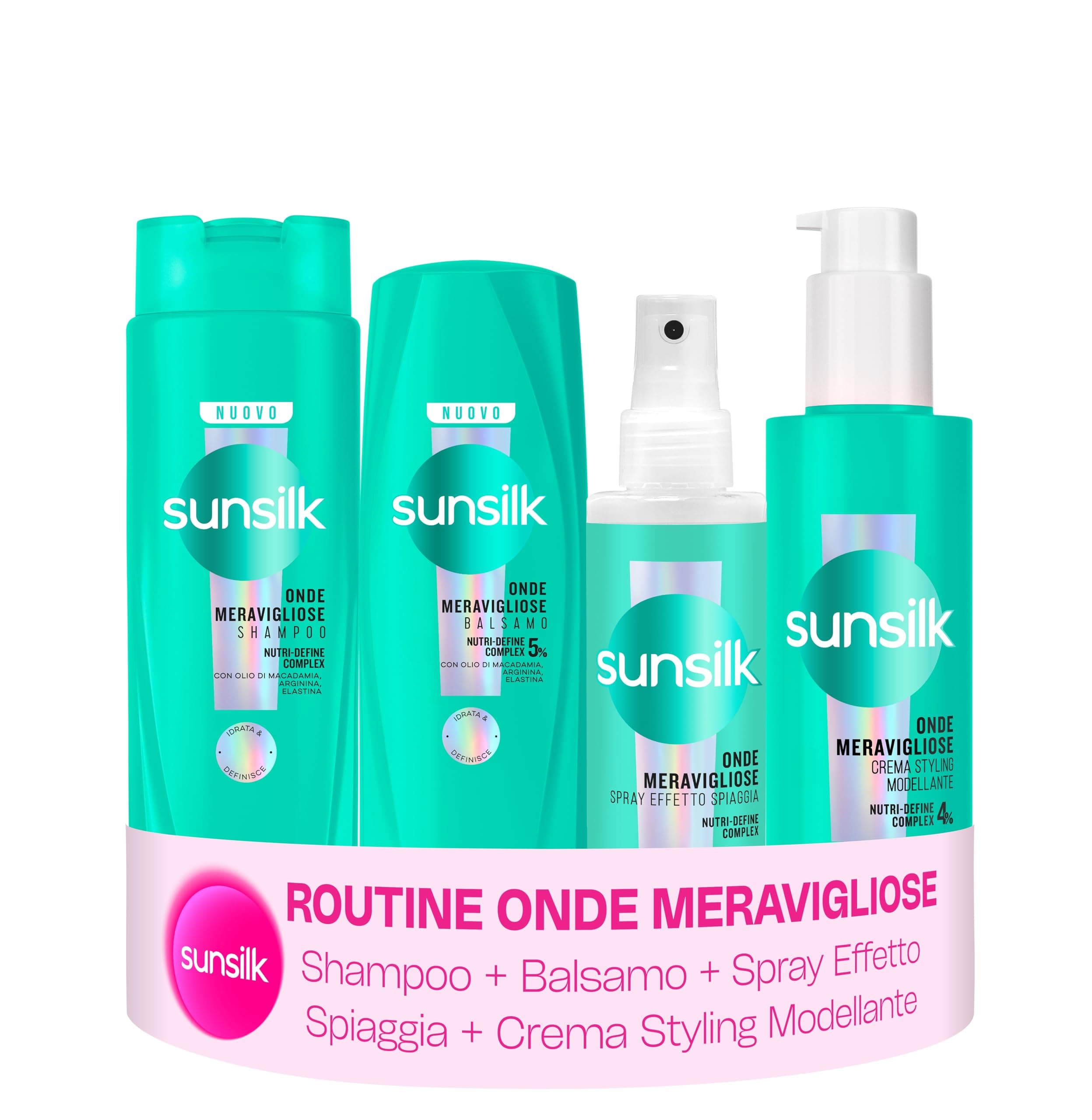 Sunsilk Kit Onde Meravigliose Shampoo 250ml, Balsamo 200ml, Crema Styling 200ml e Sea Salt Spray 150ml, Set Capelli Mossi, Effetto Anticrespo, Onde Morbide, Definite e Naturali