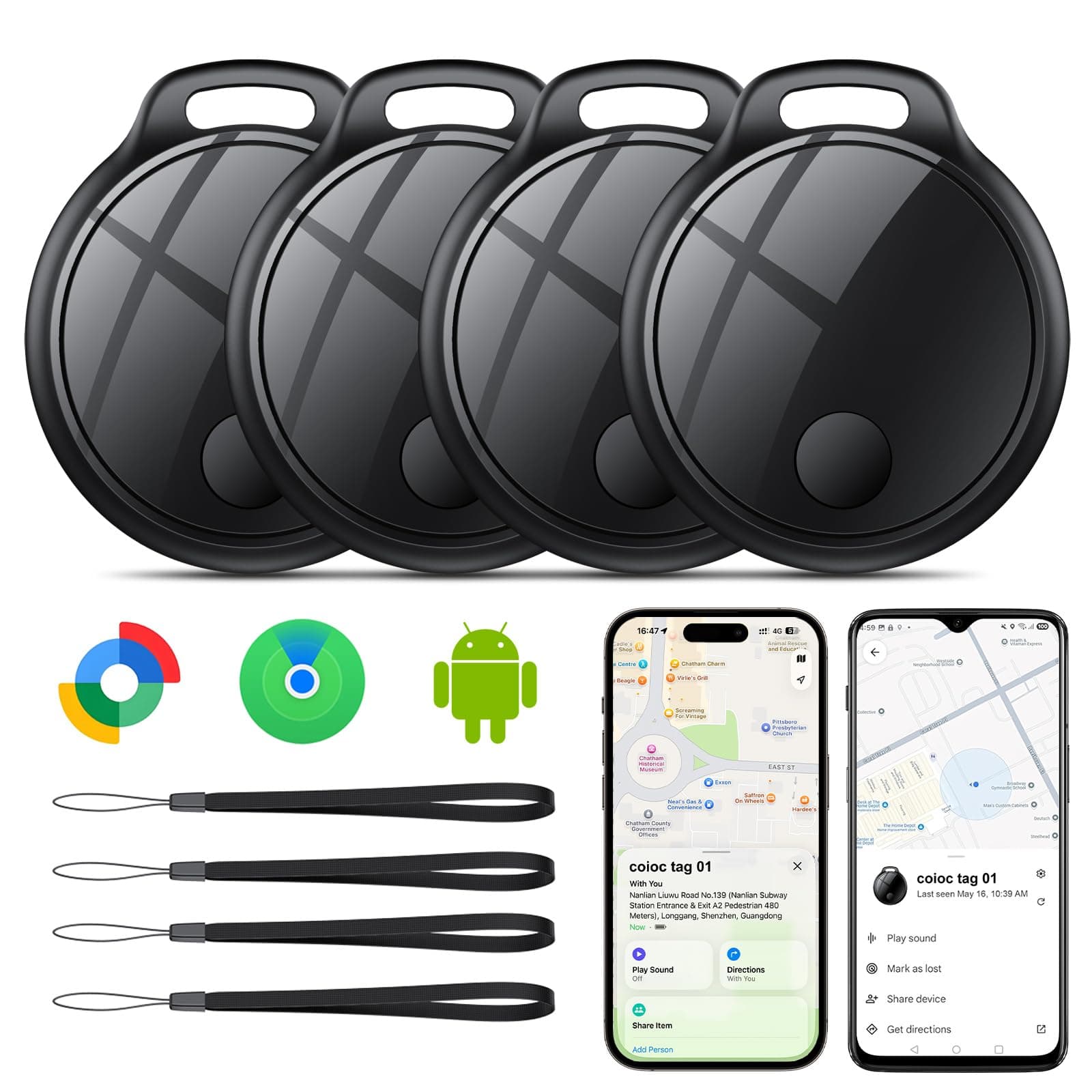 Air Traceur Tag Lot de 4 : Compatible avec Google Find Hub et Apple Find My, Alarme sonore de 120 DB, Batterie remplaçable, Étanche IP68, Localisateur de Clés, Bagages, Sacs à Main, Portefeuilles