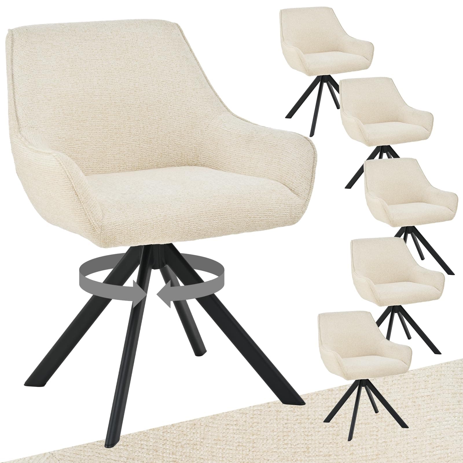 Goeurvant Esszimmerstühle Drehbar 6er Set mit Armlehne – 360°Drehbar Polsterstuhl Chenille Modern Drehstuhl Küchenstuhl mit Metallgestell und Lehne für Esszimmer, Wohnzimmer, Büro, Cremeweiß