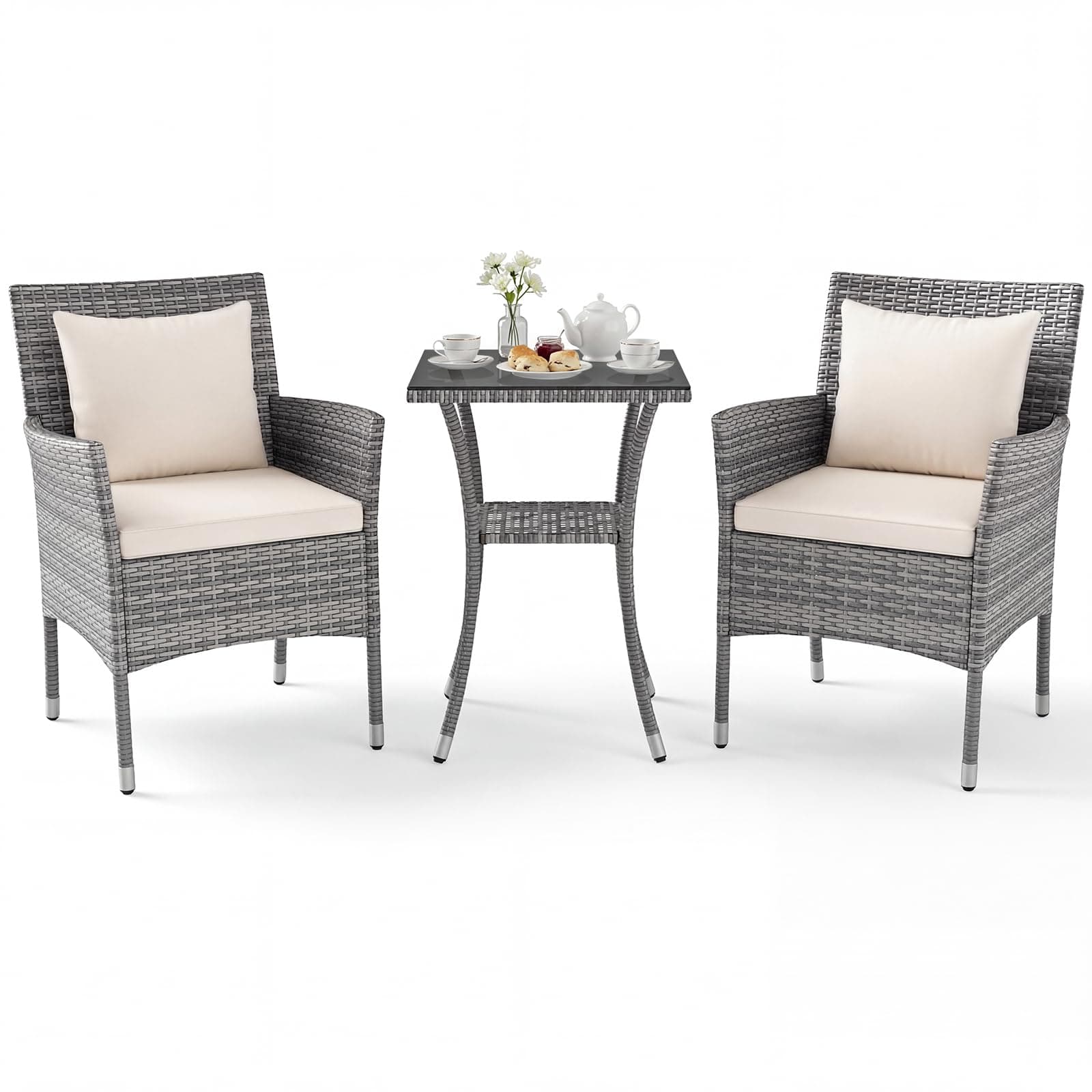 LIFEZEAL Salotto da Giardino Esterno, in Rattan PE, Set Giardino Esterno, 2 Divanetti con Cuscini Rimovibili e Tavolino da Caffè in Vetro Temprato, Poltrone per Terrazza e Cortile (cuscino bianco)