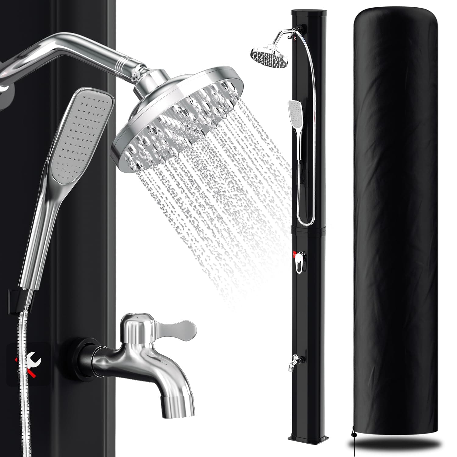 Randaco Douche Solaire de Jardin - Eau Chaude jusqu'à 60 °C - sans raccordement électrique - Douche de Piscine - Camping avec douchette à Pied et douchette à Main - Tête de Douche à Effet Pluie