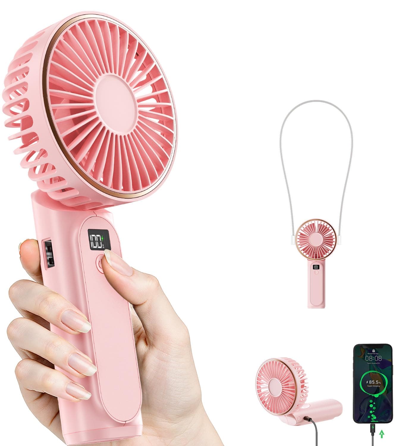 TUNISE Ventilateur Portable à Main, Mini Ventilateur Pliable 180°, 6 Vitesses, Affichage LCD, Ultra Silencieux, 4000mAh, Format de Poche, Pour Intérieur Extérieur, Avec Lanière