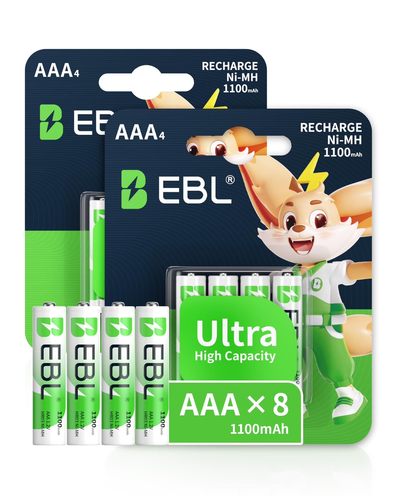 EBL 8PCS AAA Baterías Recargables, Baterías Recargables AAA 1100mAh 1.2V Ni-MH de Alta Capacidad con Descarga Constante, con Embalaje Nuevo