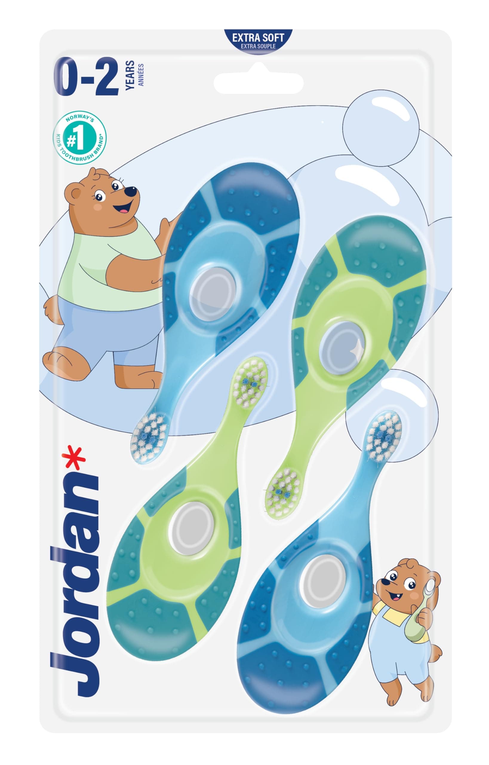 Jordan ® | Step 1 | Brosse à dents pour bébés de 0 à 2 ans | La brosse à dents pour tout-petits avec des poils extra doux et un anneau de morsure doux pour gencives des bébés | Bleu & Vert | 4 unités