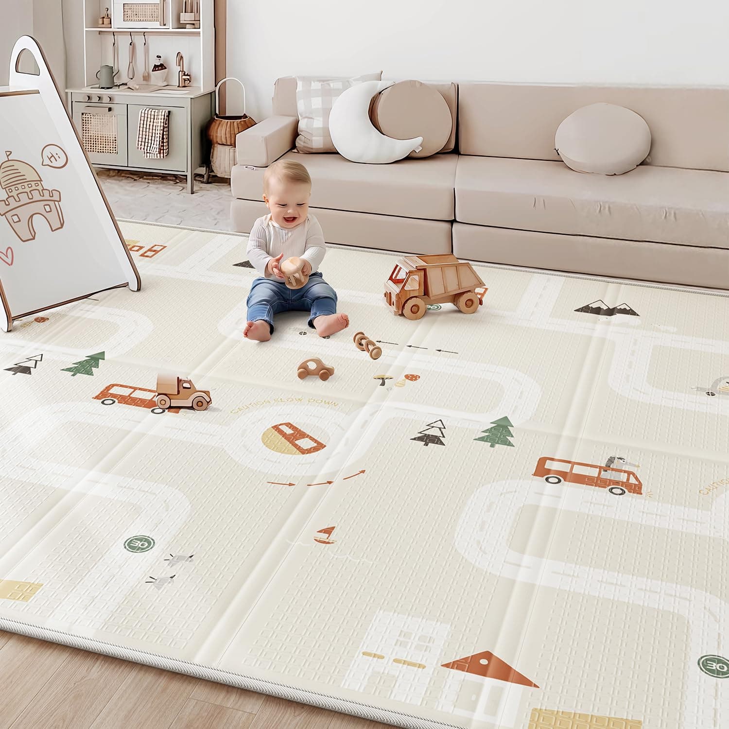 BG-BABYGO Tapis de jeu bébé pliable XL147x177cm – Tapis de Jeux Mousse XPE Épais Réversible Tapis de Sol - Tapis de Motricité Anti-Chute - Cadeau Naissance + Sac de transport