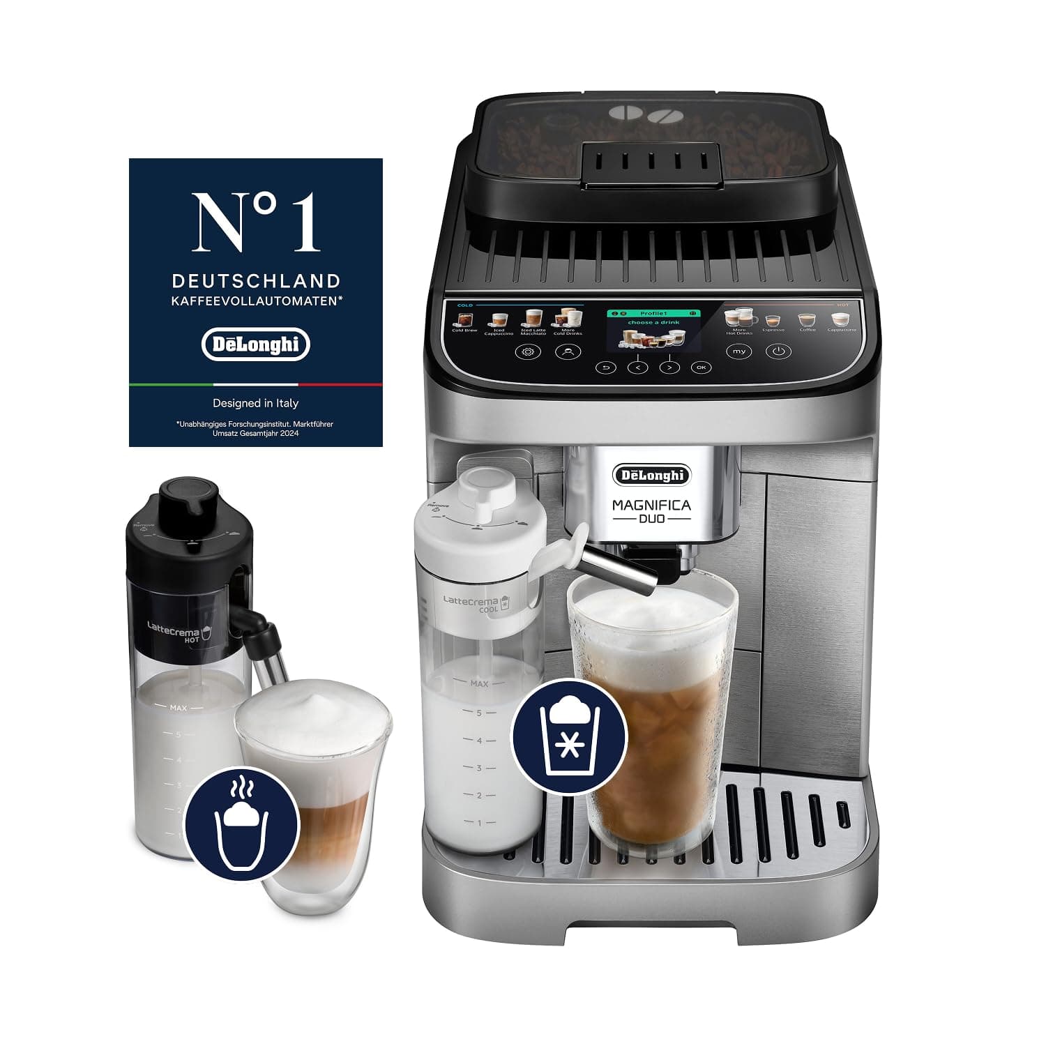 De'Longhi Magnifica Duo – Kaffeevollautomat 20 Getränke Silber | Kaffeemaschine mit LatteCrema Hot & Cool-Milchaufschäumer, Heiße & Kalte Getränke, Cold Brew, Farbdisplay, ECAM332.80.SXB