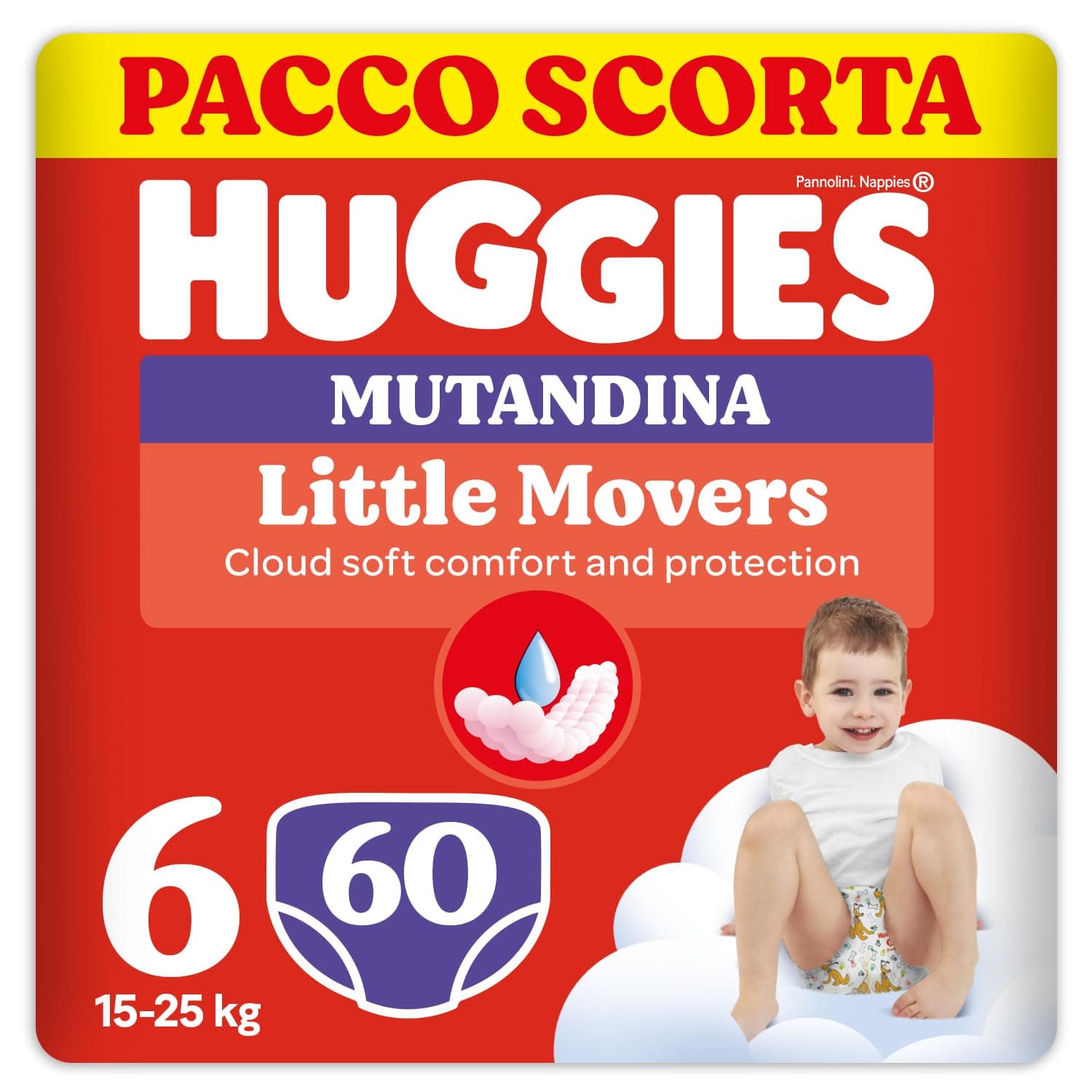 Huggies Little Movers Pannolini Mutandina Taglia 6 (15-25 Kg), Ultra assorbente, Protezione completa, Pacco Scorta, 60 Pz