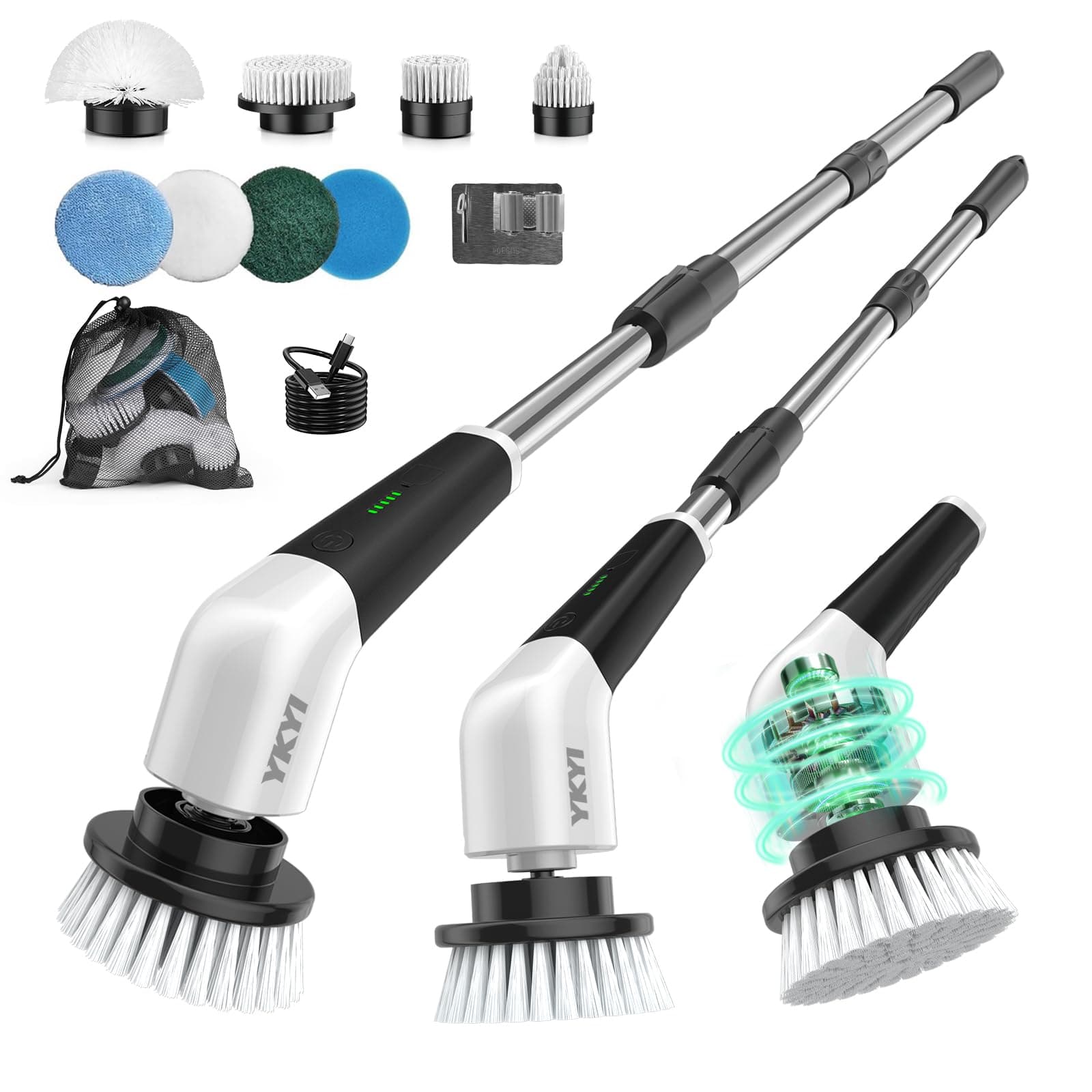 YKYI Brosse Électrique Nettoyage Rotative, 8 Têtes, IPX7, sans Fil | Manche extensible, 2 vitesses, batterie 2600mAh pour salle de bain, cuisine, sols et carrelage