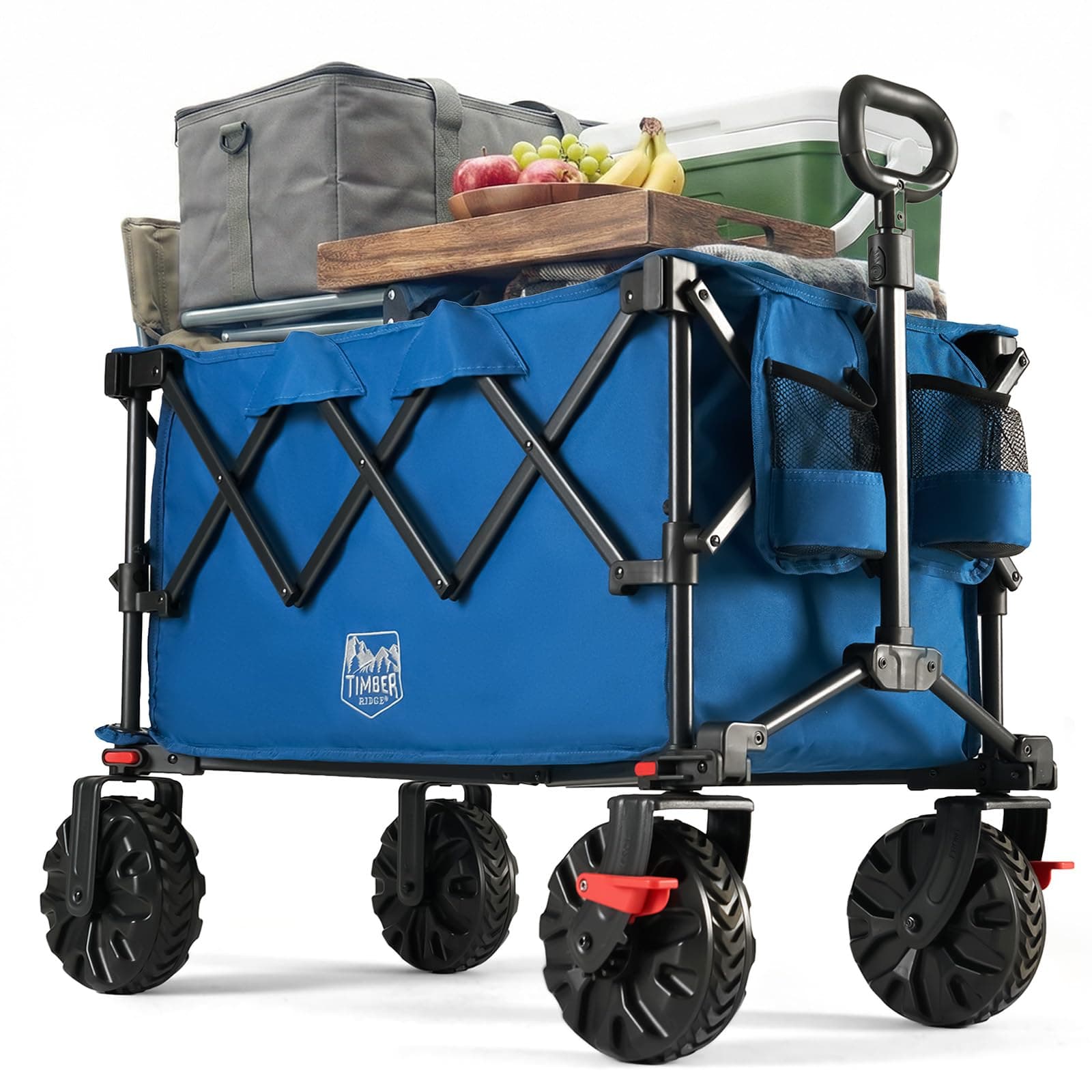 TIMBER RIDGE Carro plegable XXL de 250 L, neumáticos anchos con frenos, 150 kg, con soporte para bebidas, para camping, compras, jardín