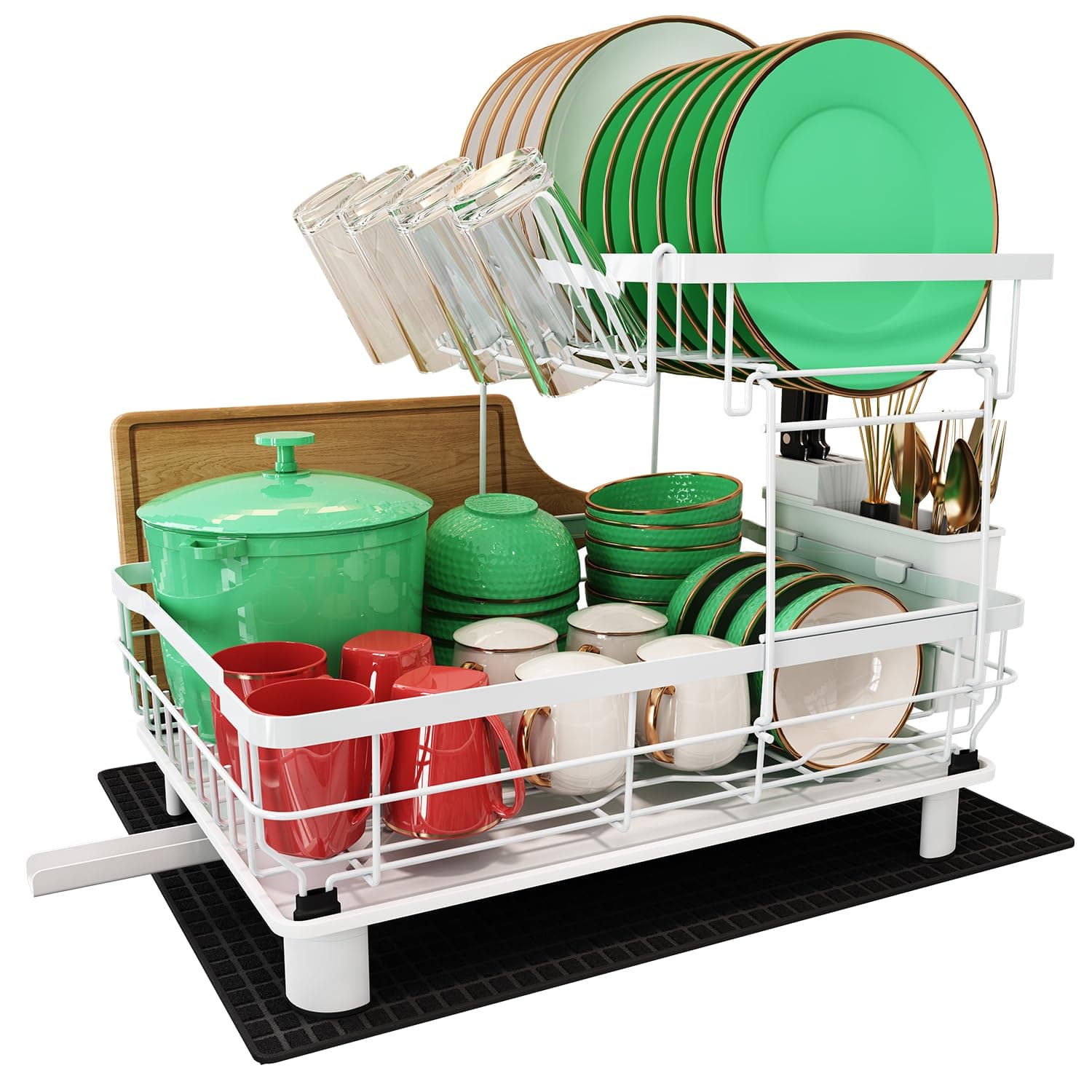 Boosiny Egouttoir Vaisselle, Egoutoire Vaisselle Cuisine en Acier Inoxydable Grand Format avec Porte-Gobelets, Égouttoir à Vaisselle Porte-Ustensiles et Drainage Automatique, Blanc, 2 Niveau