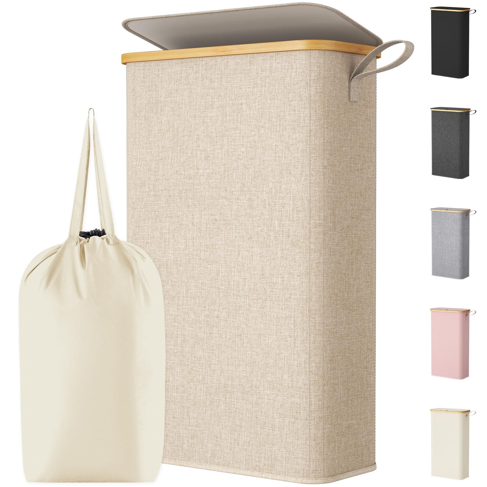 Lifewit Cesto Ropa Sucia Estrecho con Tapa, Cesto de Ropa Plegable con Bolsa Extraíble y Asa, Cesta Ropa Sucia de Bambú, Cubo de Ropa para Dormitorio, Baño, Lavandería, Dormitorio, 70 L, Beige