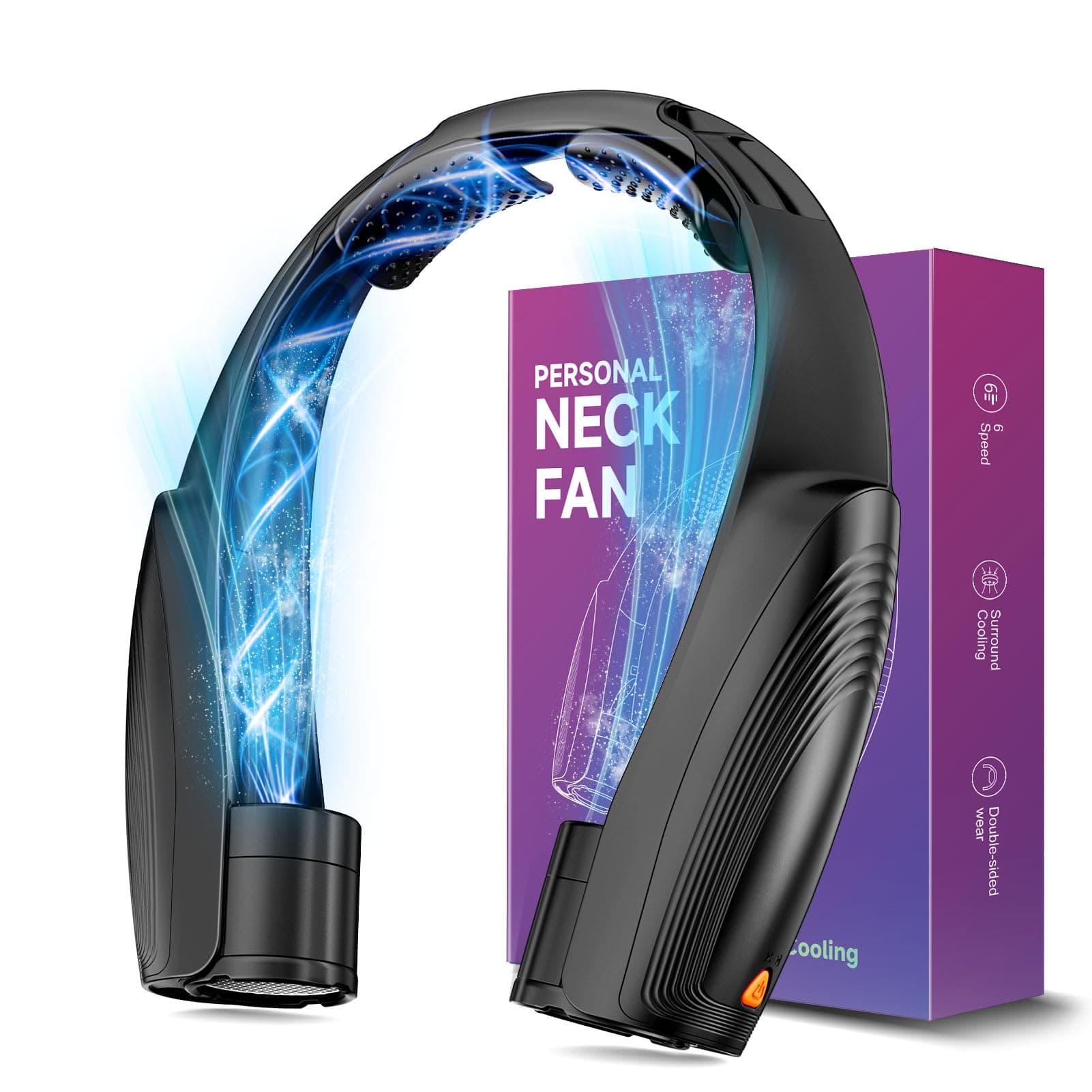 8000mAh Ventilatore da Collo, Silenzioso Ventilatore Collo Senza Pale, Ricaricabile USB, 6 Velocità & Aria a 360°, Ventilatore Portatile, Lunga Autonomia, per Ufficio,Casa,Aria Aperta, Campeggio, Nero