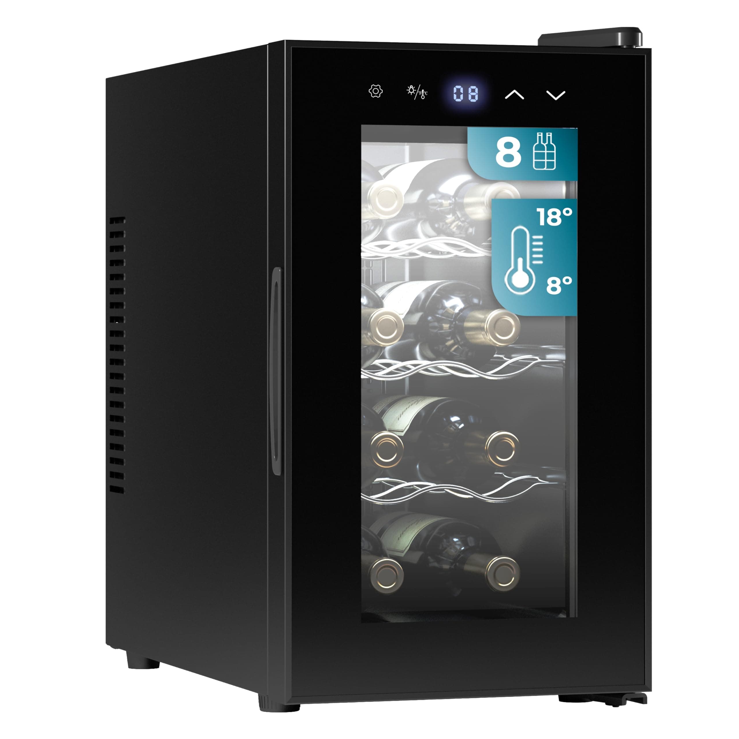 Cecotec Enoteca 8 Bottiglie Bolero Grandsommelier 830 Coolcrystal, Raffreddamento termoelettrico, Temperatura regolabile tra 8-18°C, Controllo tattile e display, LED interno, Gas non nocivo.