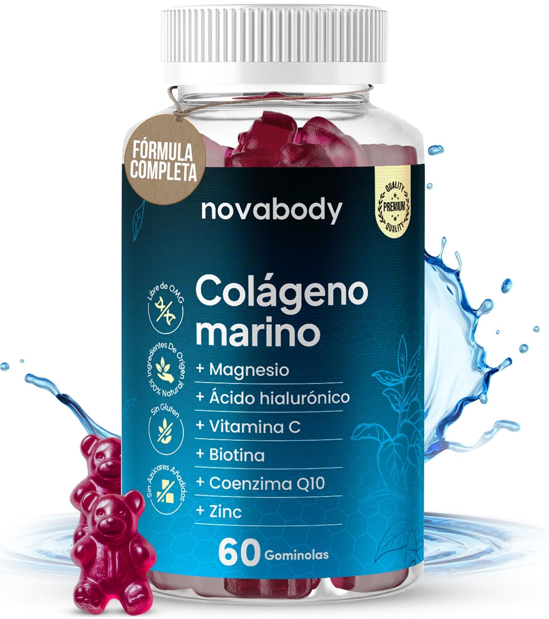 Gominolas Colágeno Marino Hidrolizado Sin Azúcar, 100% Natural, Sin Gluten | Magnesio, Ácido Hialurónico, Vitaminas C y E, Biotina, Selenio, Coenzima Q10, Zinc, Para Piel, Pelo, Articulaciones y Huesos