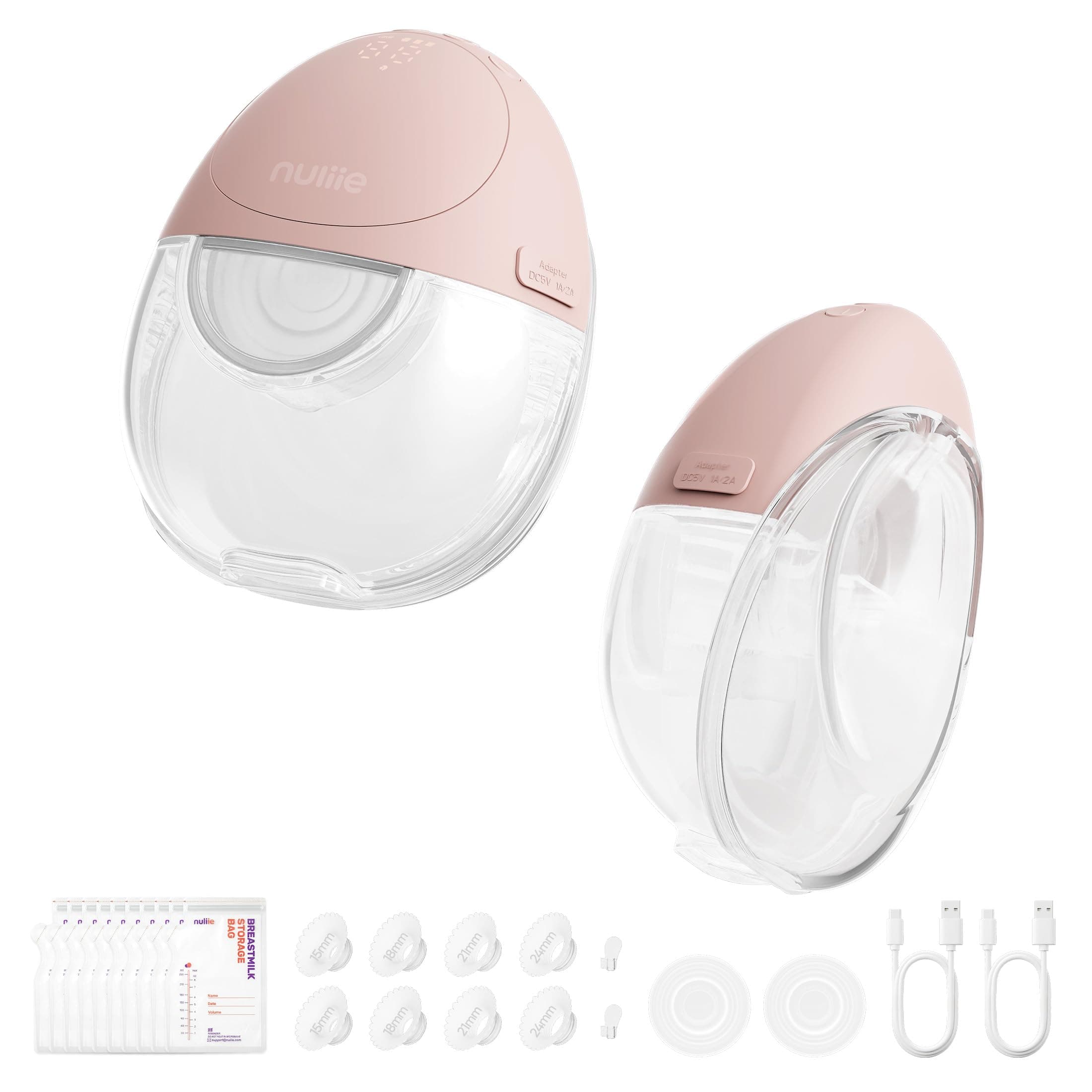 Nuliie JoyFlow Air Tire-lait électrique, ultra-fin et léger, tire-lait portable mains libres, 3 modes & 12 niveaux, silencieux & sans BPA, bride 27 mm & embouts 15/18/21/24 mm (2 Packs, Rose)