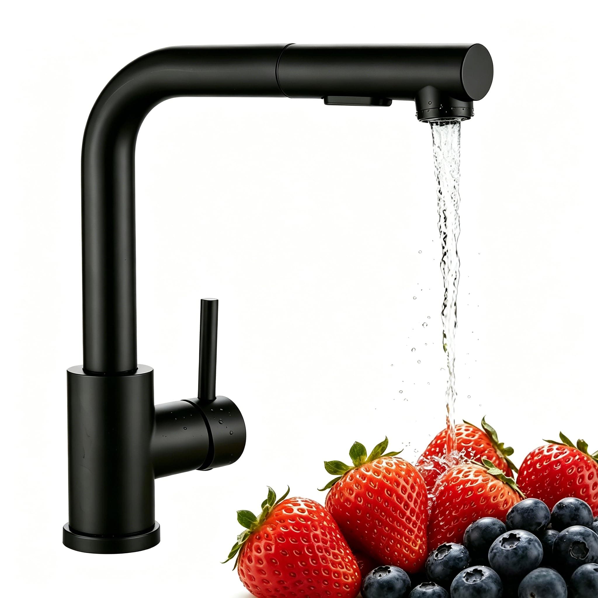 Grifo de cocina Baollansa, grifo extractable con alta presión, grifo de fregadero de cocina con ducha, 2 tipos de chorro de agua, grifo de cocina de acero inoxidable, giratorio 360° (negro)