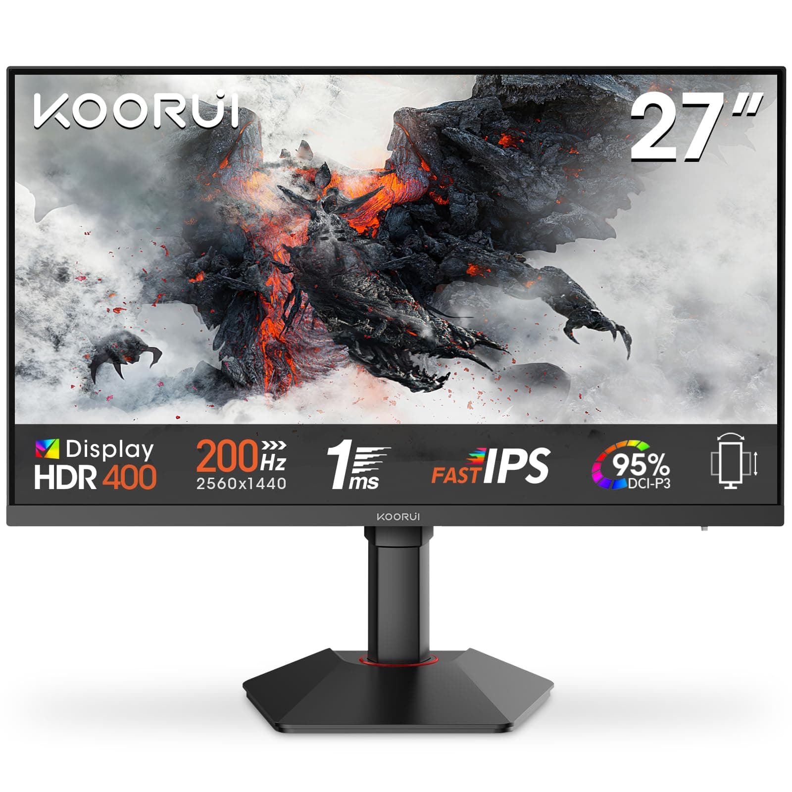 KOORUI G2722P Monitor Gaming 27 Pulgadas, 200Hz, Fast IPS, 1ms, Altura Ajustable, QHD (2560x1440, 2xHDMI 2.0, DP 1.4, VESA, Adaptive Sync, 10Bit, HDR400, 95% DCI-P3)