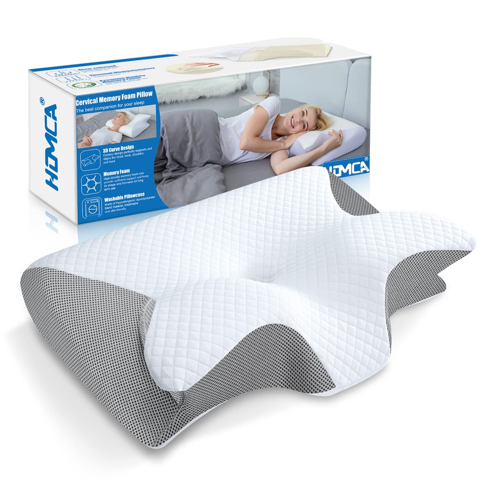 HOMCA Oreiller Ergonomique Cervical à Mémoire de Forme, Gris, 60x40x12/14cm | 2 en 1 Oreiller pour la Nuque, Coussin pour Dormir sur le Côté et sur le Dos, Housse Déhoussable et Lavable