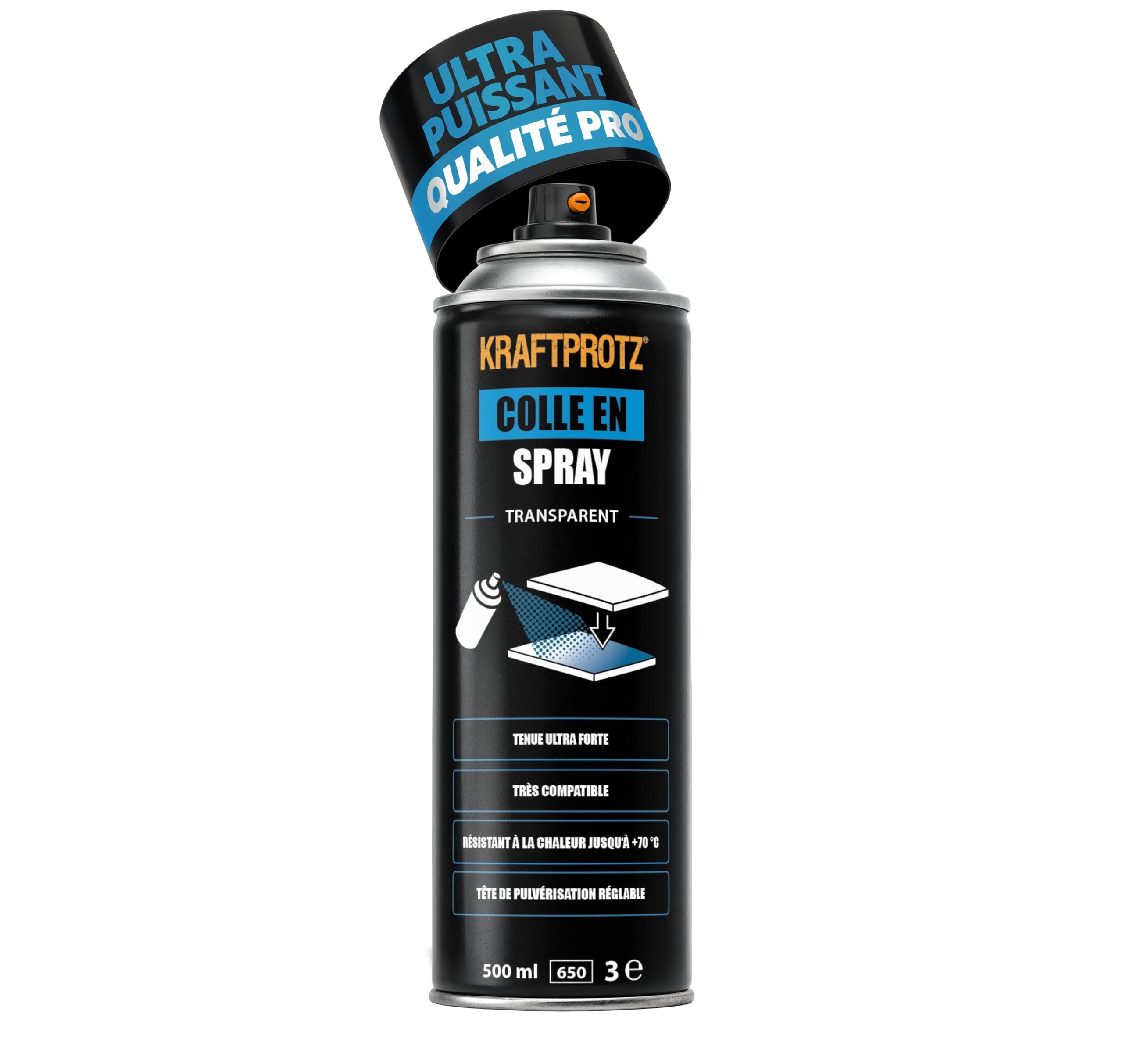 Colle en spray transparente 500 ml – KRAFTPROTZ ultra forte pour mousse, feutre, cuir, bois & caoutchouc – résistante à +70 °C – pulvérisation réglable – hautement compatible pour bricolage & DIY