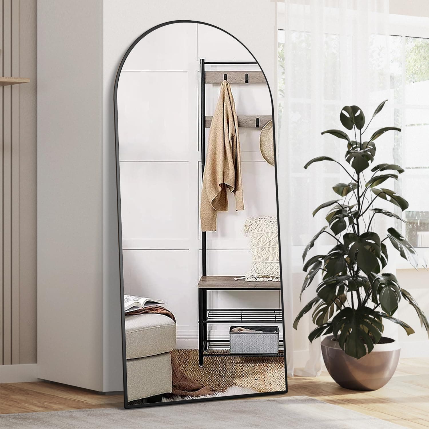 NEUWEABY Arqueado Espejo de Cuerpo Entero Espejo de pie con Soporte 165 x 60cm Espejo de Pared Grande Negro de pie colgado o apoyado contra la Pared para la Entrada del Dormitorio