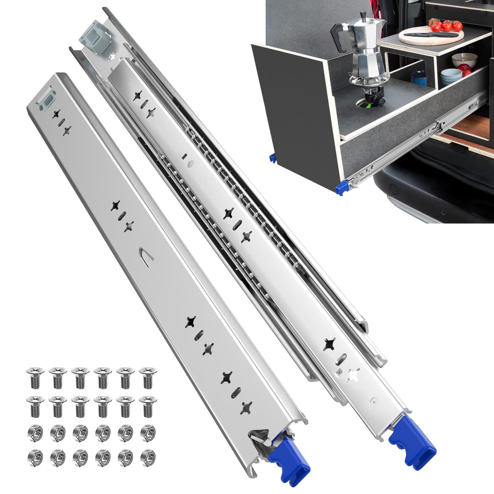 ToBeGreat Glissière Tiroir 750mm avec Serrure, 120kg, 1 Paire | Montage latéral, extension complète, roulement à billes, pour camping-car, van et usage industriel, galvanisé, résistant