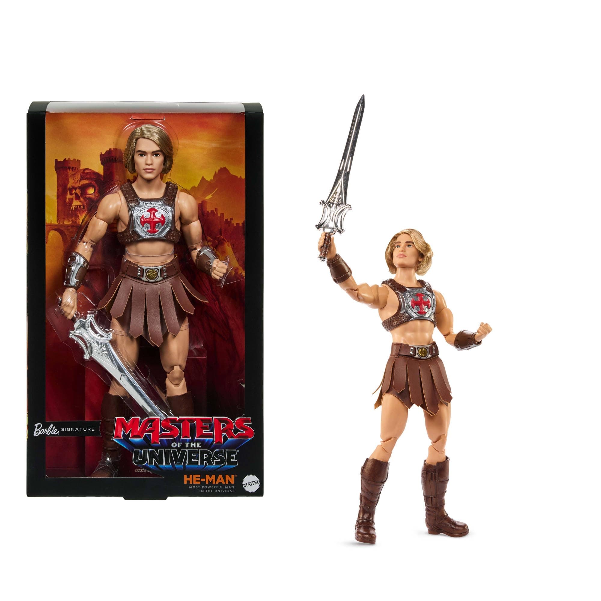 Barbie Signature Ken He-Man Muñeco Coleccionable con arnés de Batalla, Espada, Soporte para el Juguete y Embalaje Expositor, temática de la película de Motu, JJY03