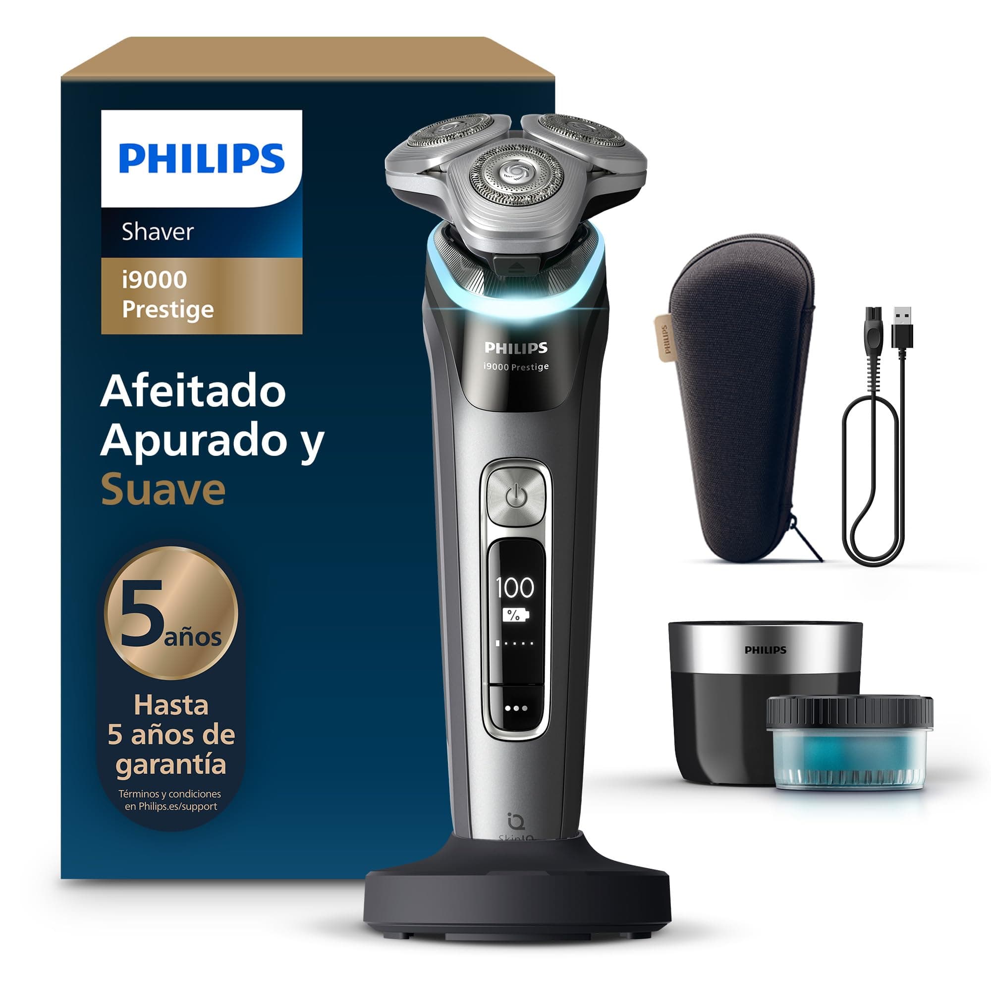 Philips i9000 Prestige, Afeitadora Eléctrica Hombre, Máquina de Afeitar Barba en Seco y Húmedo, Tecnología SkinIQ, Base de Carga, Recargable, Estuche de Viaje, Centro de limpieza, XP9202/30