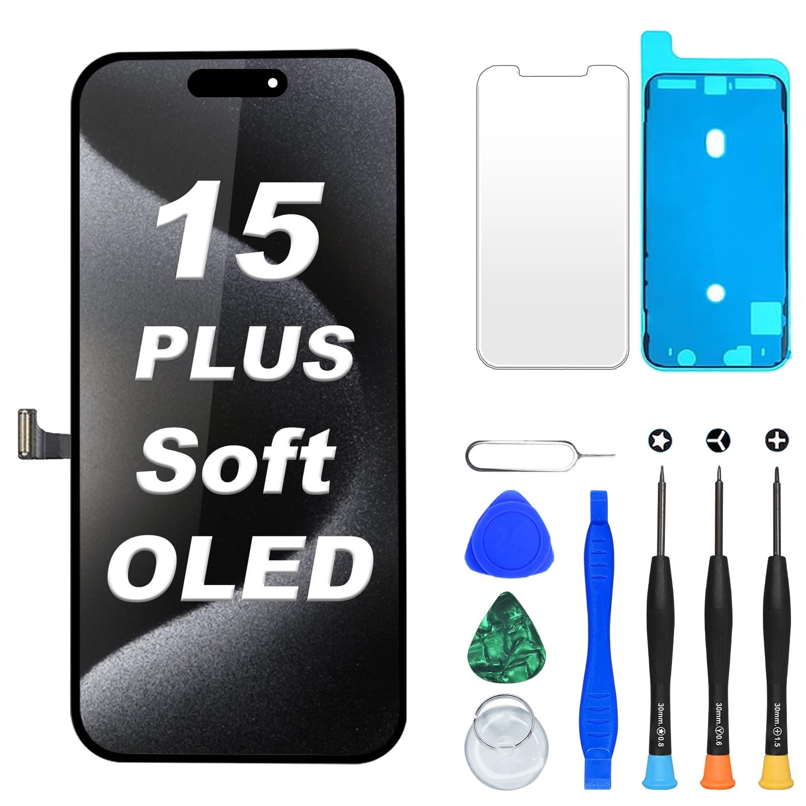 Digi4U Écran pour iPhone 15 Plus Soft OLED, 6,7" Écran de Remplacement FHD COP avec Tactile, Compatible True Tone, Kit de Réparation, Film de Protection et Adhésif pour Cadre