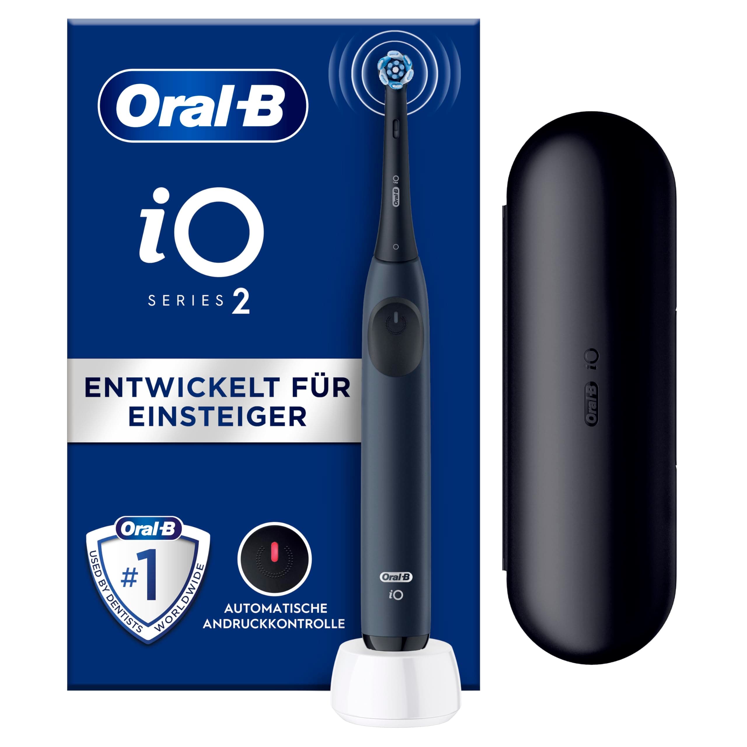 Oral-B iO Series 2 Brosse à dents électrique, 1 brosse, 3 modes de brossage pour les soins dentaires, technologie magnétique, étui de voyage, conçu par Braun, bleu océan | Brosse à dents avec 3 niveaux d'intensité, capteur de pression et minuteur, étui de voyage, doux avec gencives